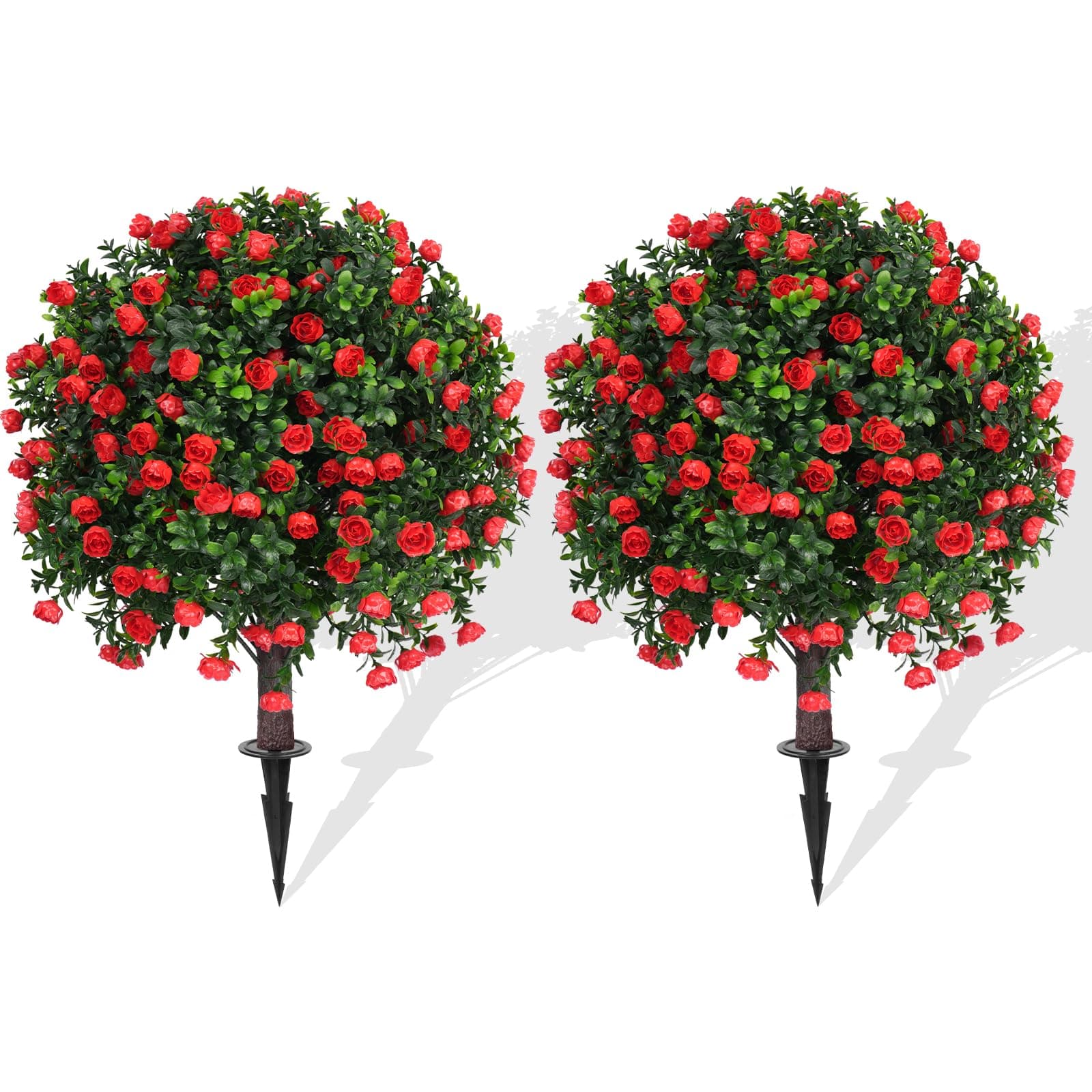 Artificial Rose Topiary Ball Trees with Ground Spike, 2 Pack 16 Inches UV Resistant Artificial Shrubs, Fake Evergreen Artificial Plant Brush for Indoor Outdoor Front Porch Garden