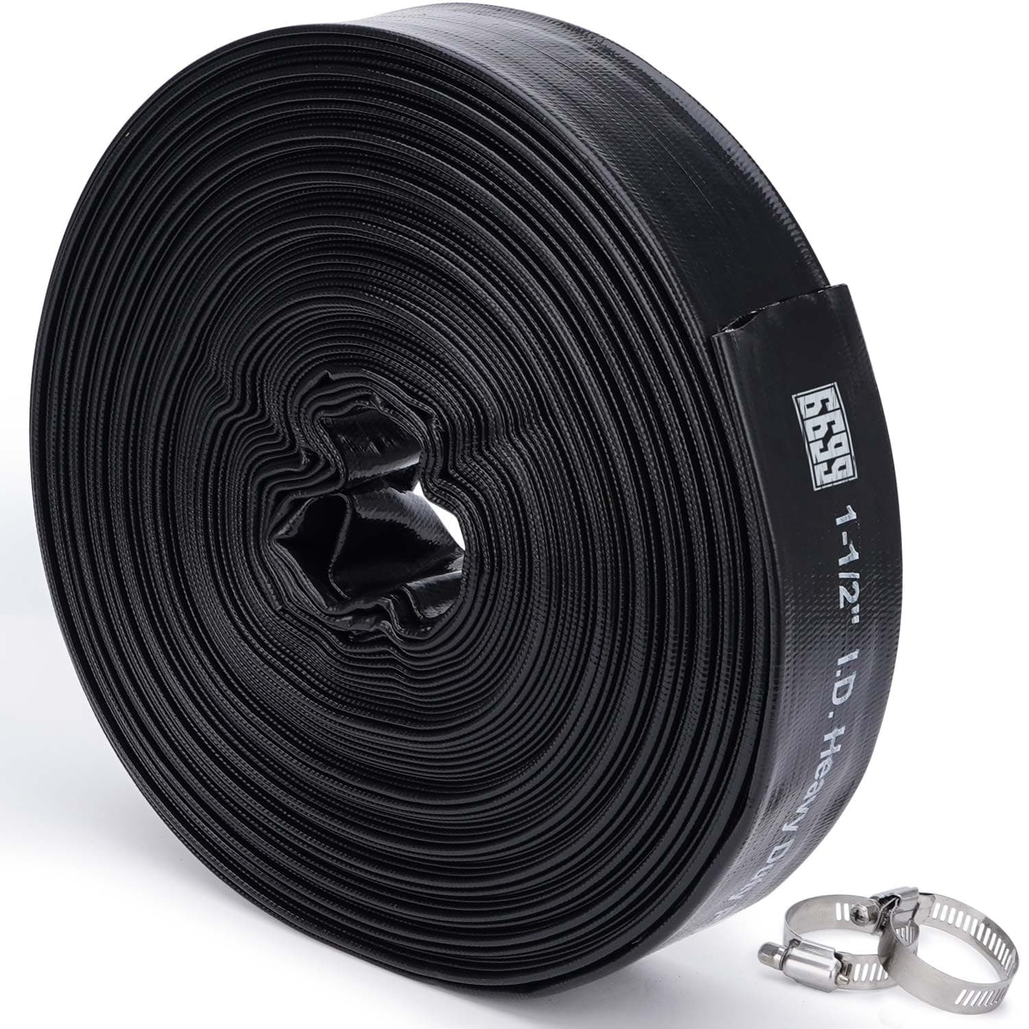 6699 Discharge Hose 1-1/2-Inch by 100-foot Sump Pump Hose with 2pcs SUS 304 Clamps Pool Backwash Hose for Draining/Removing Water Lay Flat Hose 1500