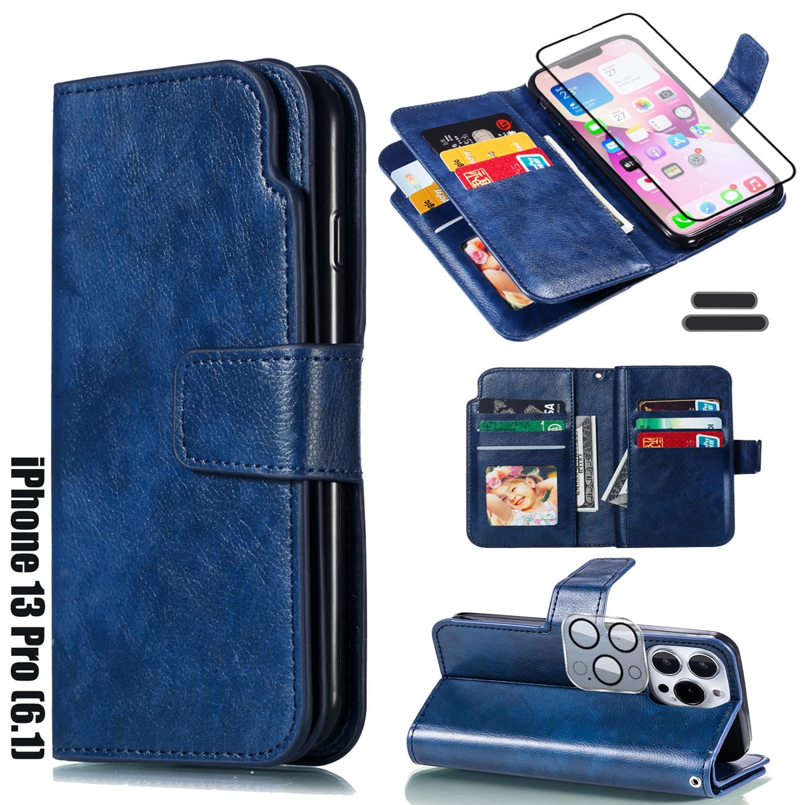 LMDAMZ for iPhone 13 Pro 6.1 Inch Wallet Case [9 Card Slots] ID Business Card Credit Card Slot Carry Pouch with Stand Double Sided Multi-Card Slot Flip Folding PU Wallet Leather Case (Blue)