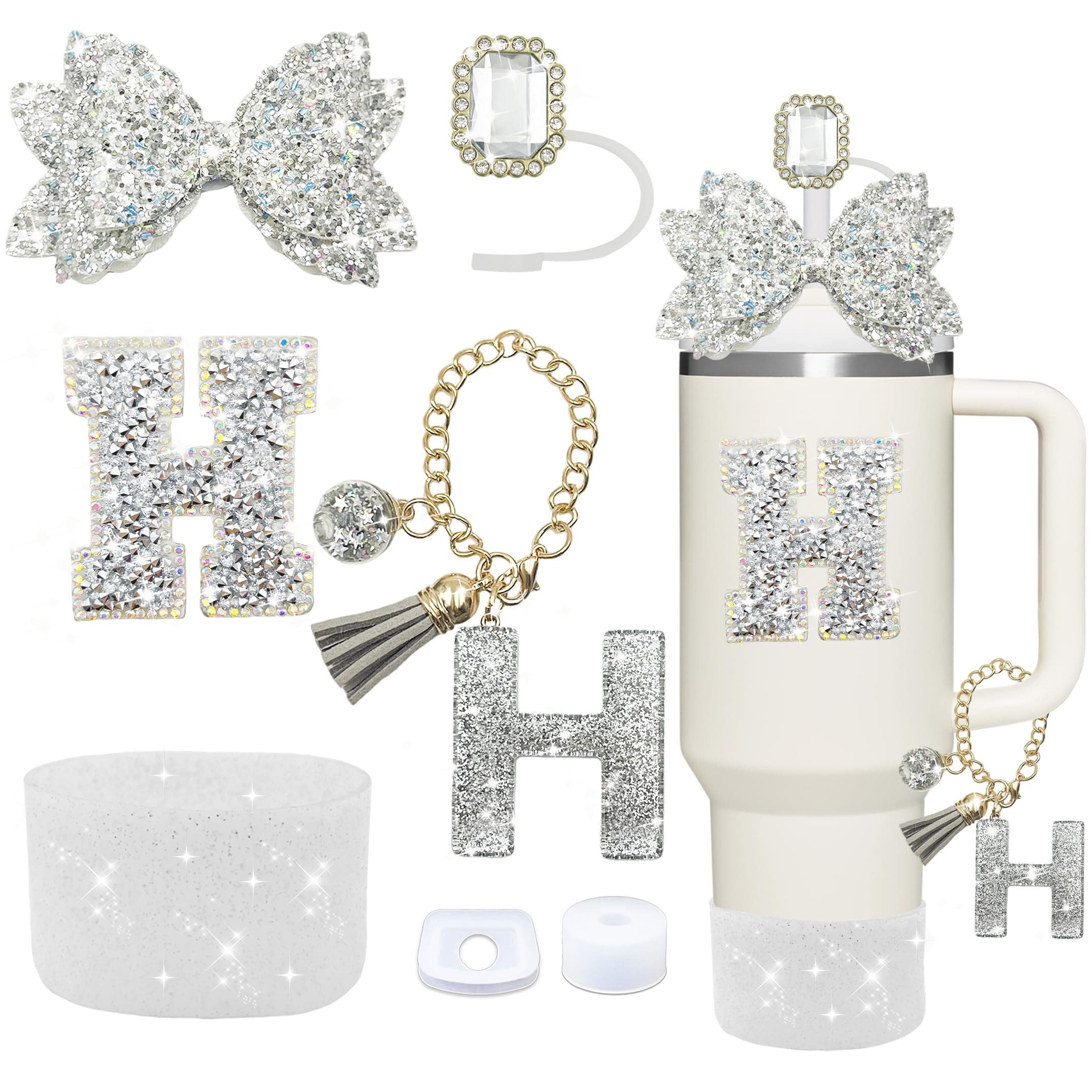 7PCS Silver Stanley Cup Accessories Set,Initials Decorations for Stanley Cup 30oz/40oz,Includes Jewel Straw Topper,Spill Proof Stopper,Handle Charm,Silicone Boot,Letter Sticker,Bow(Letter) (Silver H)