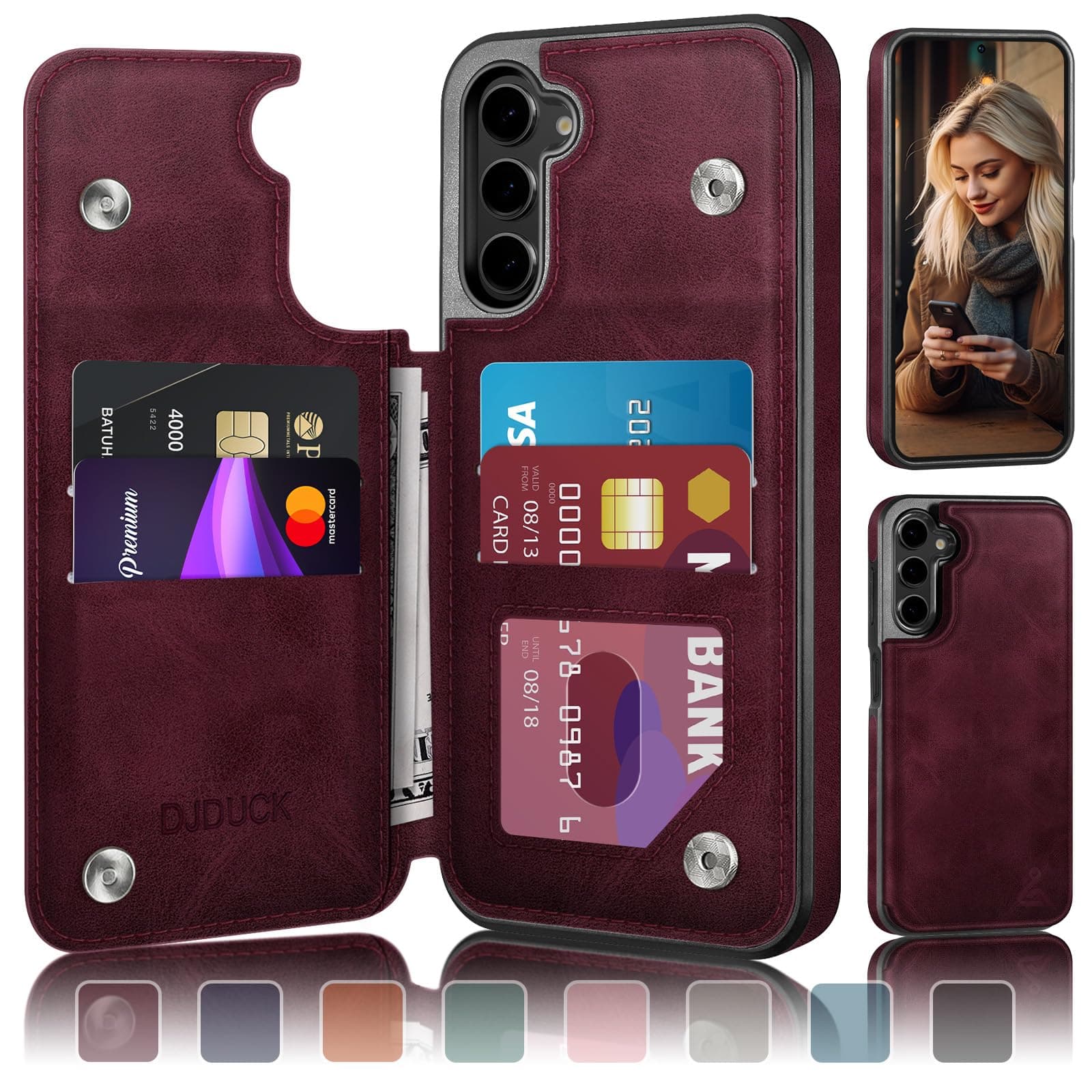 DJDUCK Designed for Samsung Galaxy S23 Plus Case Wallet with Card Holder, [Magnetic Clasp Folio Cover] [RFID Blocking Leather Protection] Shockproof Women Men Cases for Samsung S23 Plus Wine Red