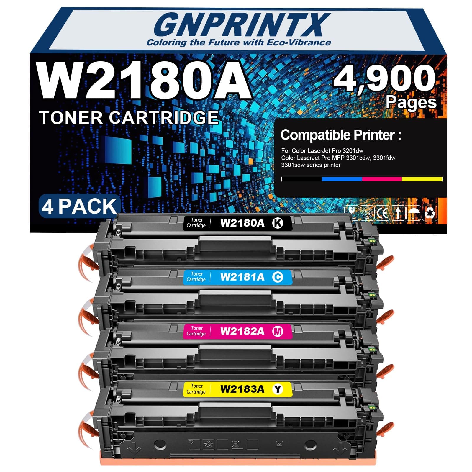 218A Toner Cartridge Replacement for HP 218A W2180A W2181A W2180A W2183A 218X Toner Cartridge Compatible with Color Laserjet Pro MFP 3301cdw 3301fdw 3301sdw Pro 3201dw Printer（4 Pack, with Chip）