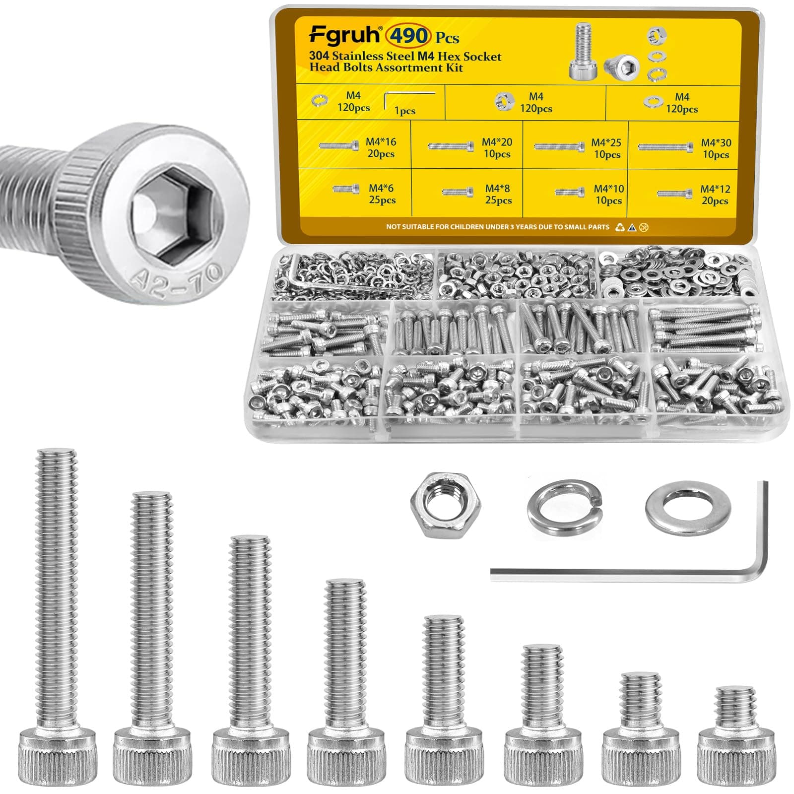 Fgruh 490pcs M4 Screws,Nuts and Washers Assortment kit, M4x6/8/10/12/16/20/25/30 mm Hex Socket Head Cap Screw Bolts Nuts Washer Kit,304 Stainless Steel Bolt Set for DIY, 3D Printer, Automotive