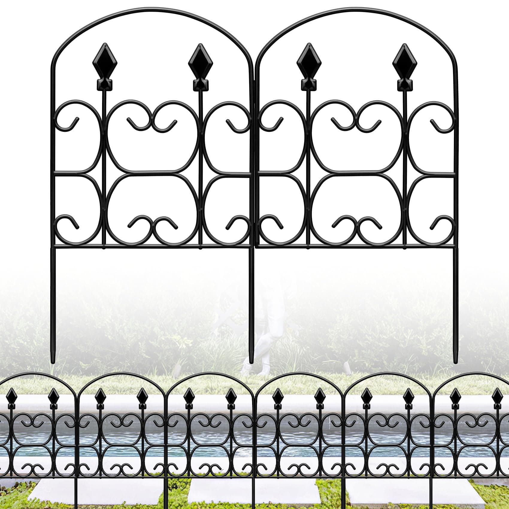 QIAOKAIYAN Garden Fence Panel, 10.8ft(L) x 24.5in(H), Black Iron, Arched Rustproof Metal Animal Barrier, Decorative Garden Border Fencing for Yard Patio Outdoor Decor