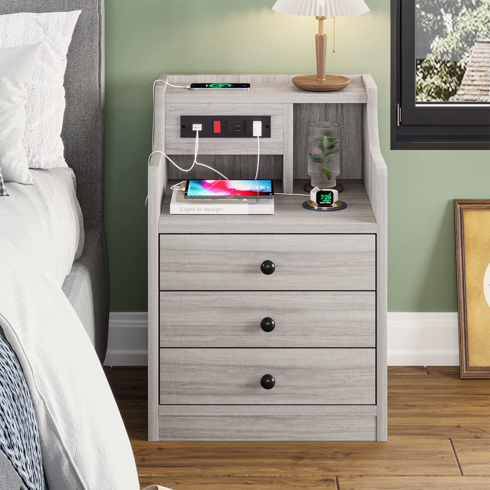 ADORNEVE Nightstand with Charging Station, Night Stand for Bedroom,End Table with Hutch & Storage Drawers