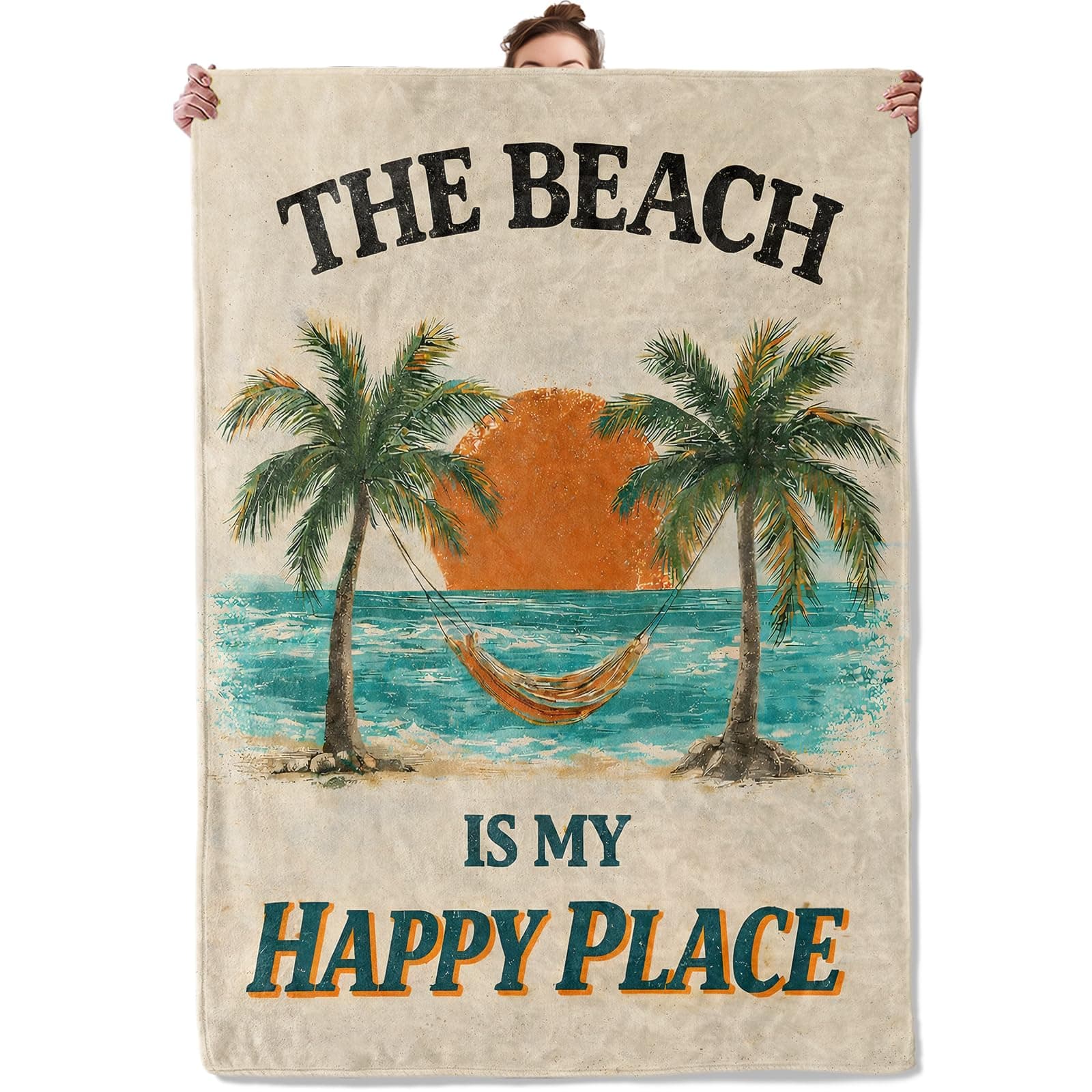 TRYYN Vintage Beach Flannel Throw Blanket Palm Tree Hammock and Sunset Decor for Ocean Coastal Lovers Cozy Lightweight Fleece Blankets Bedroom Couch Dorm Camping Travel Summer Gifts, 60x80inch