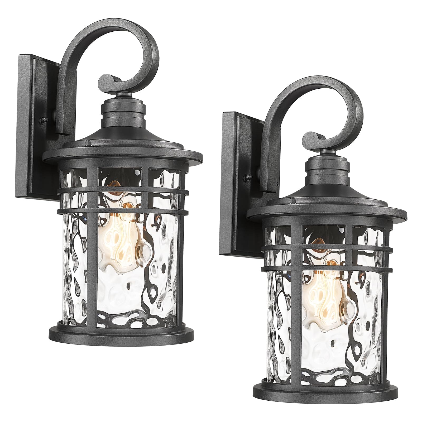 Luminzone Outdoor Light Fixtures Sconces Wall Lighting with Water Ripplr Glass Waterproof for Patio Yard House Hallway Doorway Garage, Medium, 7X10B-M-2PK BK+WG