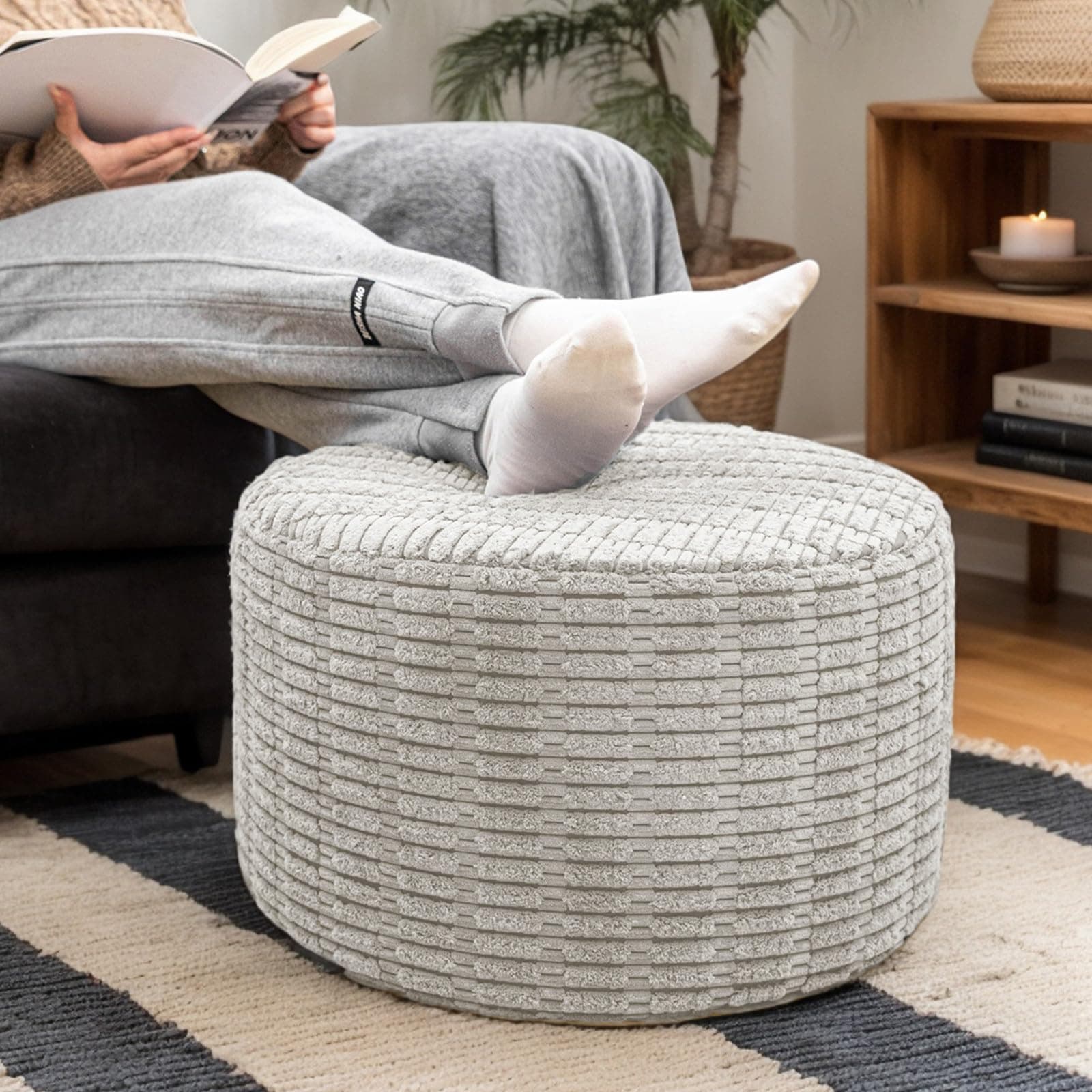 Plush Polyester Pouf Ottoman & Foot Rest – 51x31cm Floor Pouf Lightweight, Stylish Living Room Accent for Cozy Comfort (Light Gray)