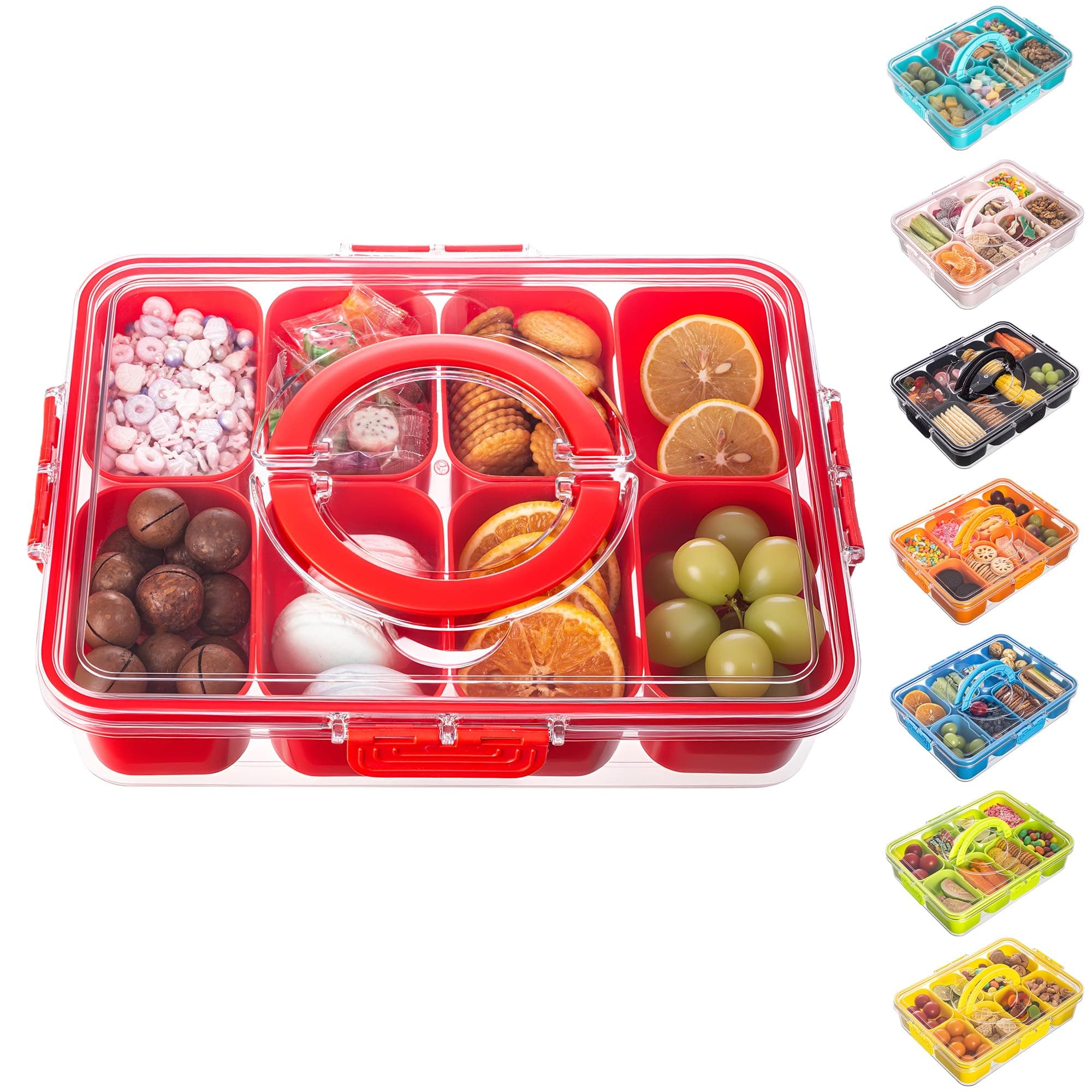 Divided Serving Tray with Lid and Handle - Snackle Box Charcuterie Container for Portable Snack Platters Organizer for Candy, Fruits, Nuts, Snacks - Perfect for Party, Entertaining, Red