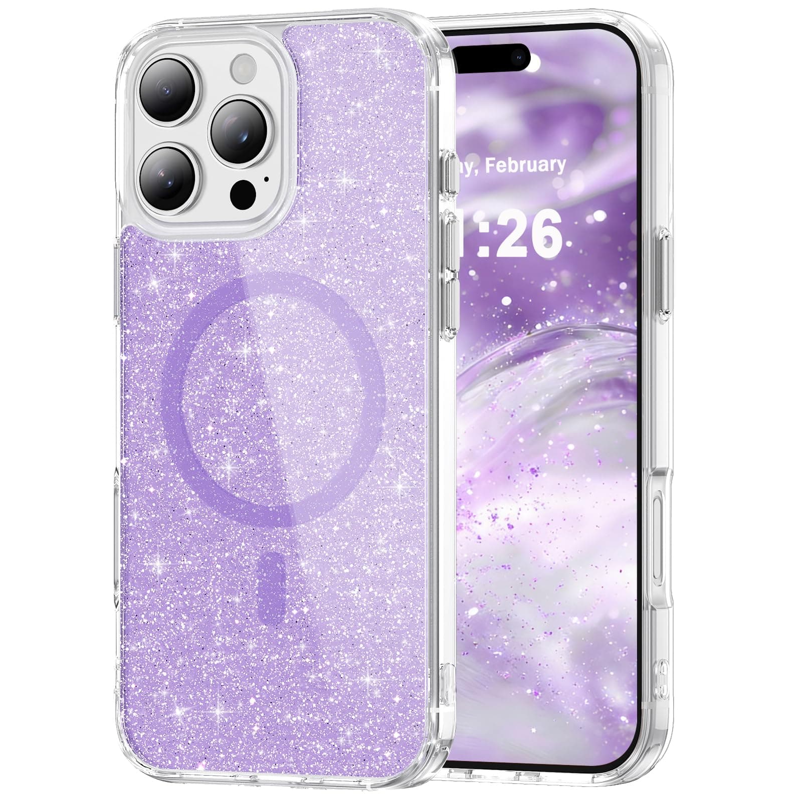 LEMAXELERS Magnetic Clear Glitter Case for iPhone 12 Pro Max -Purple SF
