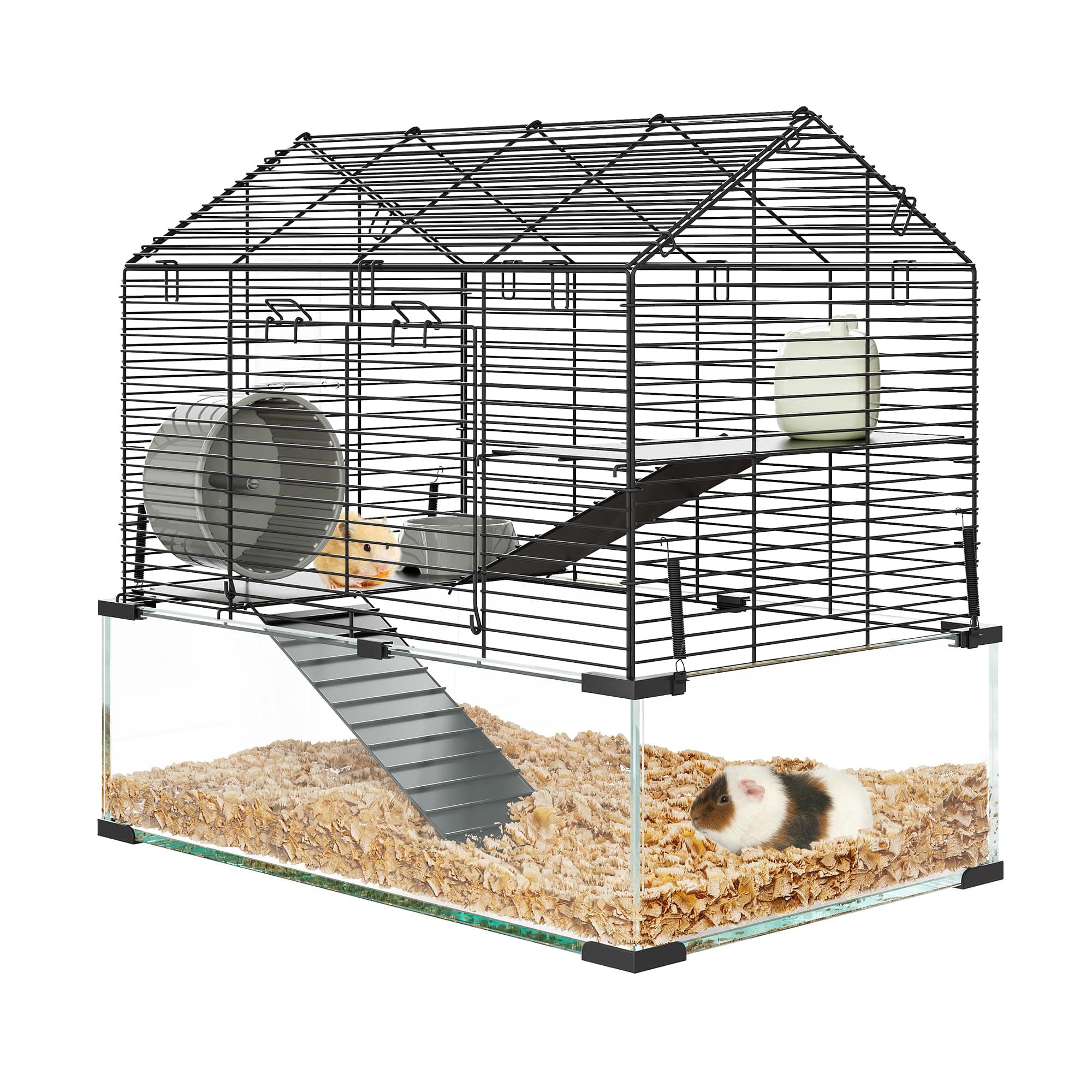 Large 3-Tier Hamster Cage with 7-Inch Deep Tempered Glass Bottom, Hamster Starter Kit Including Running Wheel, Water Bottle, Hideout, Food Dish for Syrian, Dwarf Hamsters, Gerbils, Mice