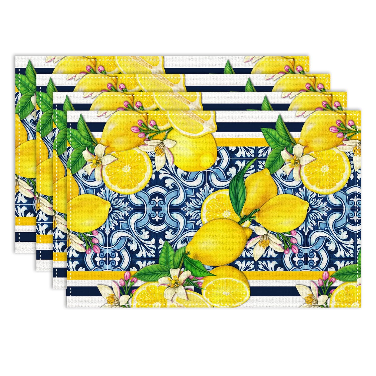 Summer Lemon Placemats Set of 6, 12x18 Inch Yellow and Blue Mediterranean Summer Fruit Italian Tiles Seasonal Heat Resistant Table Mats for Dining Kitchen Birthday Party Holiday Decor