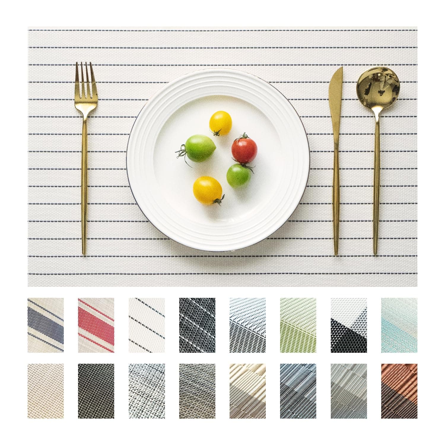 SUMYMERY Placemats Set of 8 Vinyl/Plastic Woven Place Mats for Kitchen Table Indoor/Outdoor Washable Placemat Wipeable Dining Table Mats (White Stripes,8)