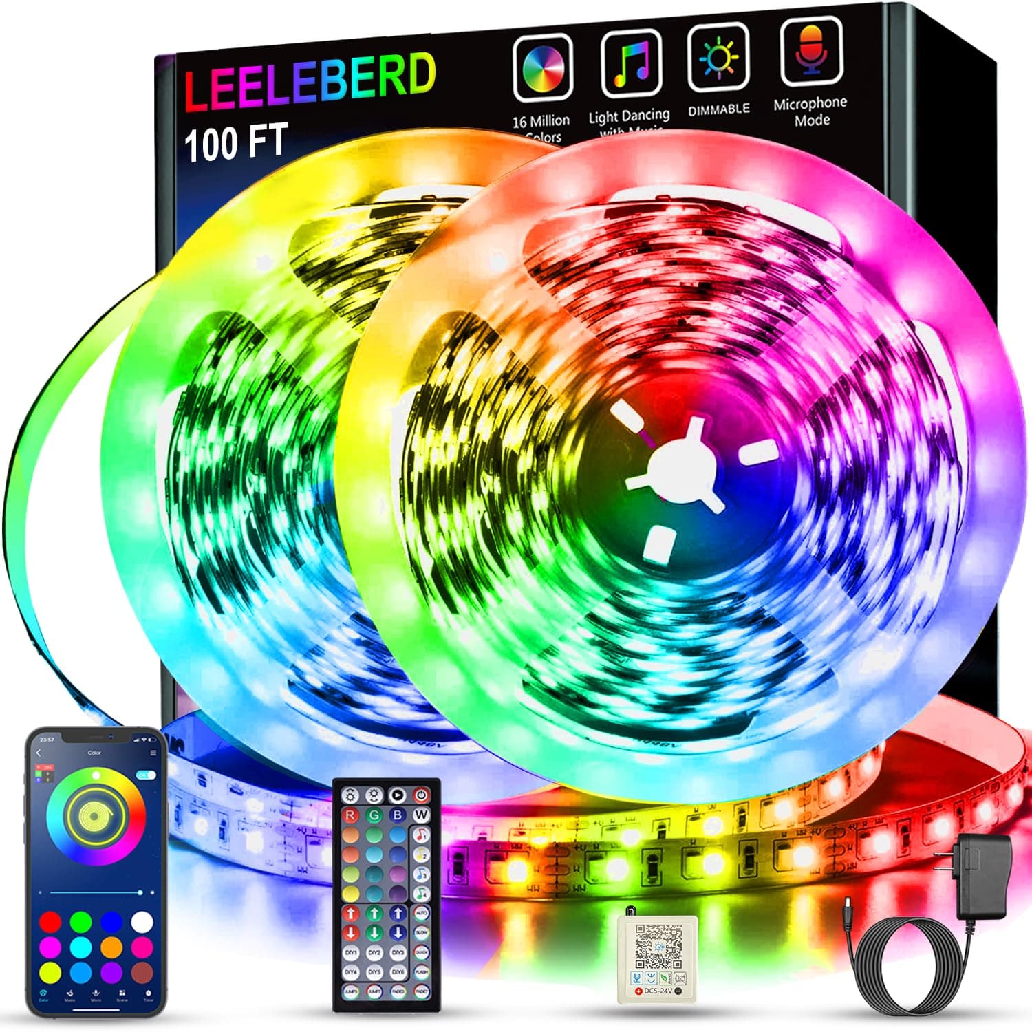 Leeleberd - Tira de luces LED para recámara de 100 pies (2 rollos de 50 pies), sincronización de música, cambio de color, RGB con control remoto de aplicación, tira LED Bluetooth, luces para
