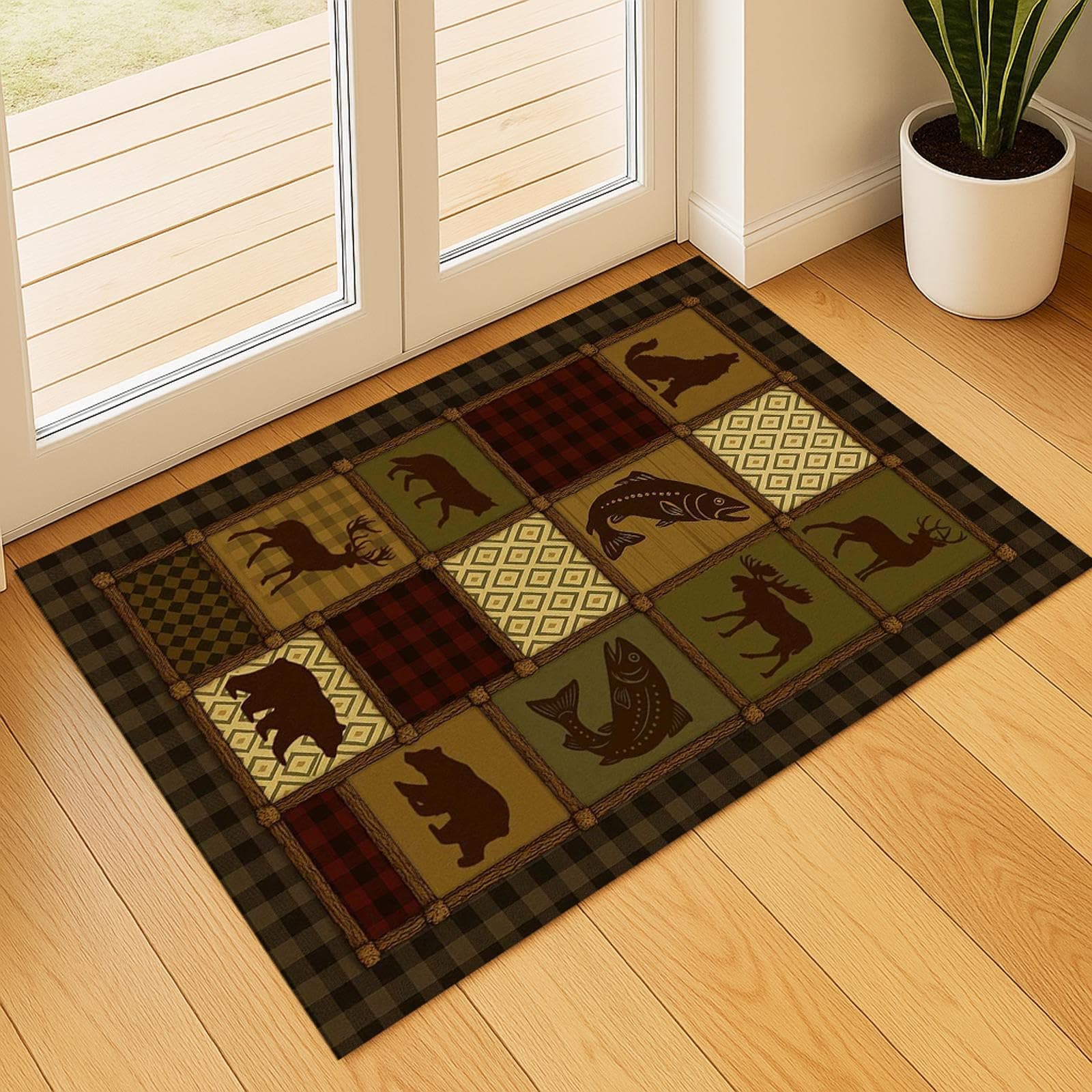 Rustic Cabin Door mat with Bear, Wolf, Moose, Fish, Deer Motifs, Wildlife Lodge Decor for Living Room, Entryway, Bedroom, Hunting Retreat