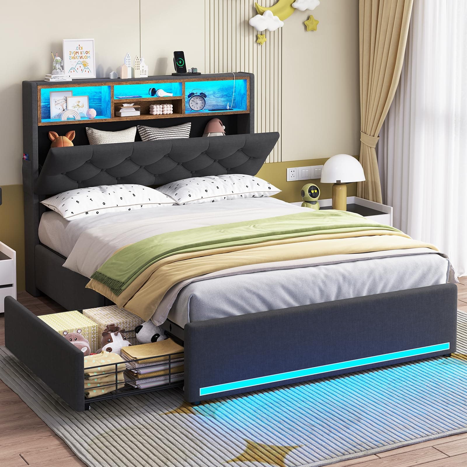 HAUOMS Twin Size Bed Frame with Hidden Storage Headboard and 4 Drawers, Upholstered Platform Bed Twin with LED Lights & Charging Station, No Box Spring Needed, Noise-Free, Dark Grey