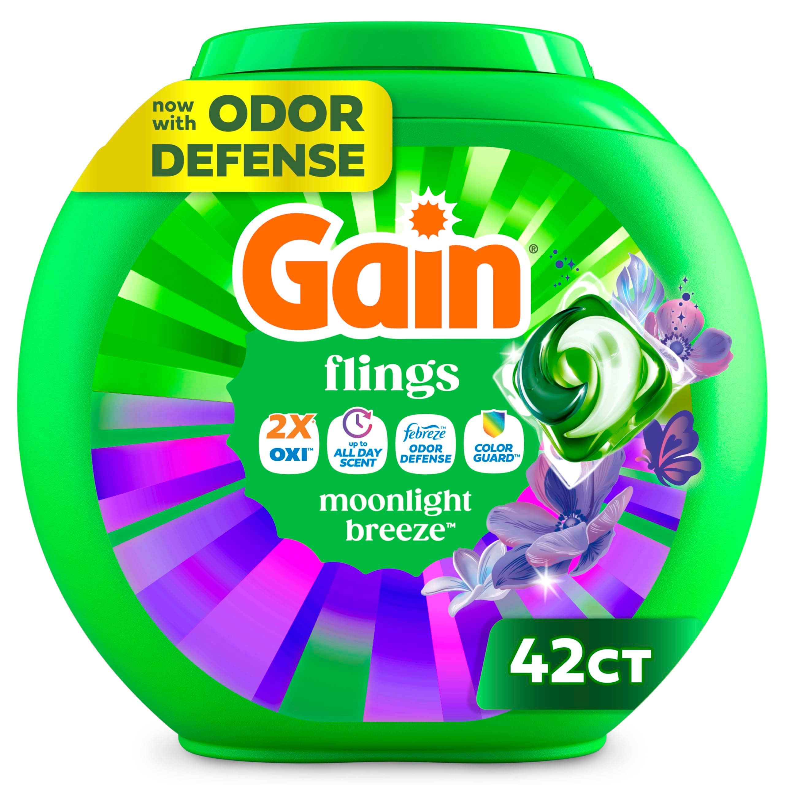 Gain Flings Laundry Detergent Pacs, Moonlight Breeze Scent, 3 in 1 with Oxi Boost and Febreeze, 42 Count