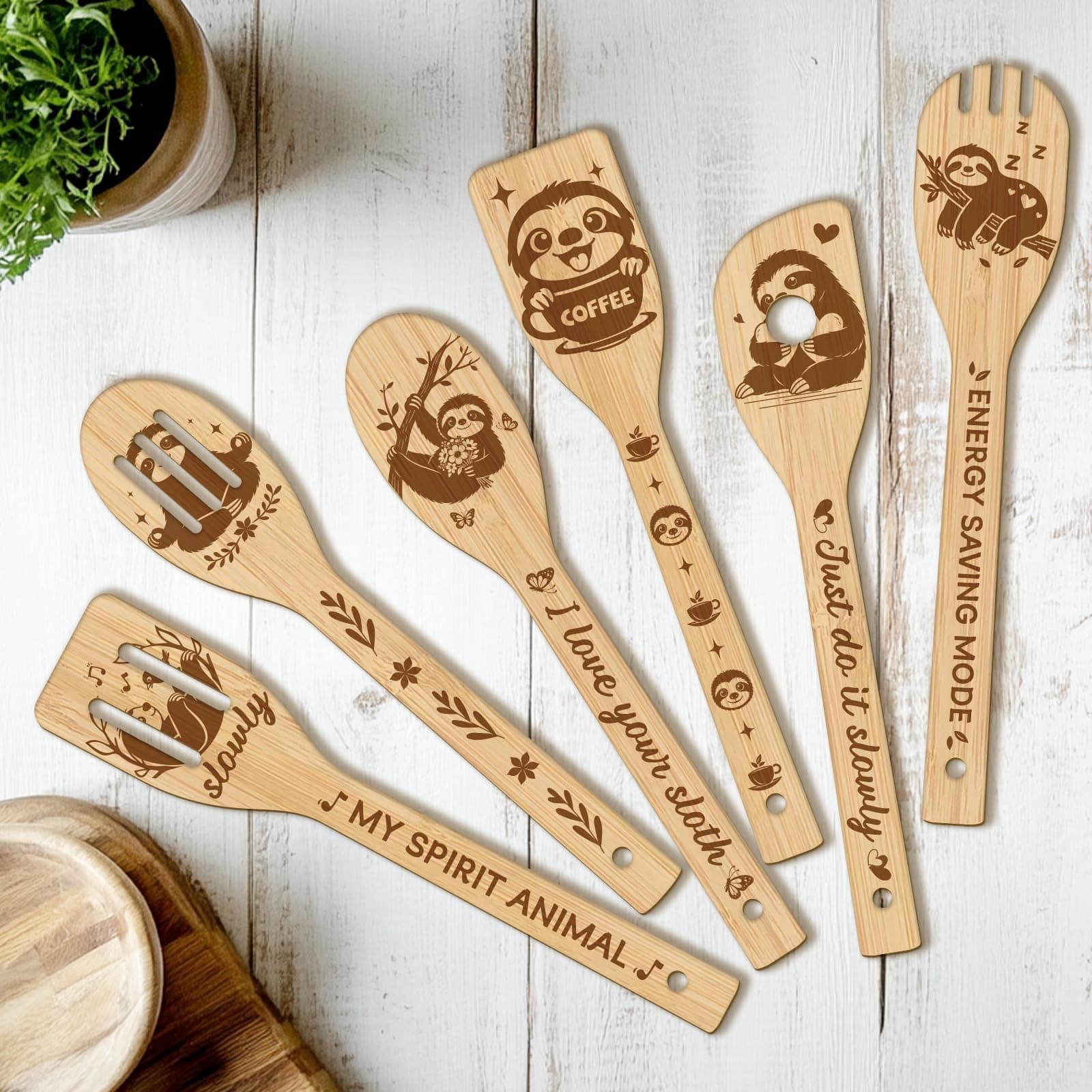 CUTHOLLOW 6PCS Sloths Wooden Kitchen Cooking Utensil Set