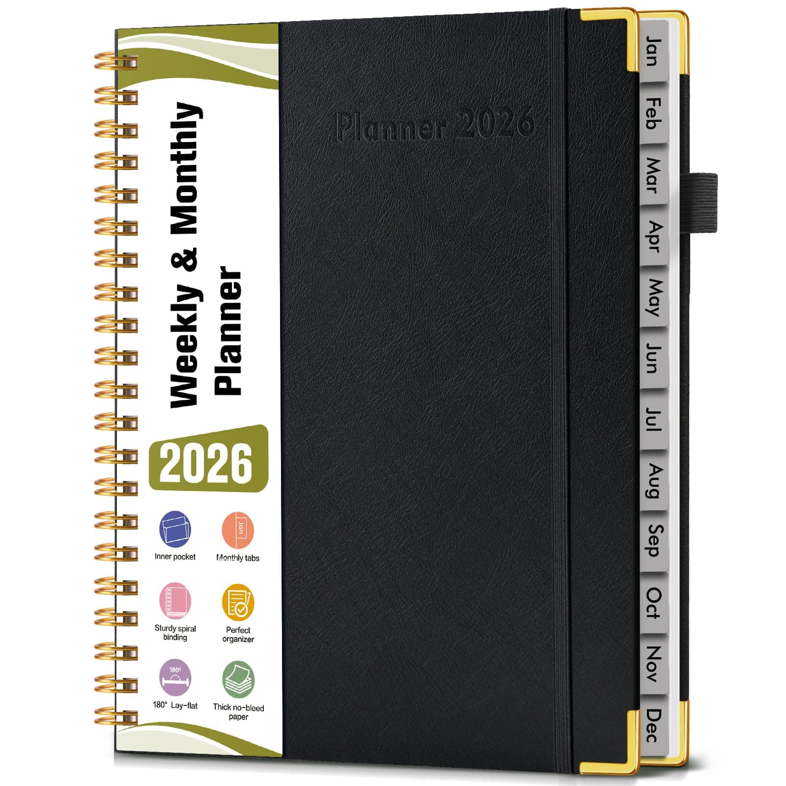 2026 Planner, Hardcover Leather Weekly and Monthly Planner, January 2026 - December 2026, Spiral Yearly Agenda Organizer Book 2026 with Tabs, Daily Calendar Planners for School Work Home, A4 (8.5" x 11"), Black