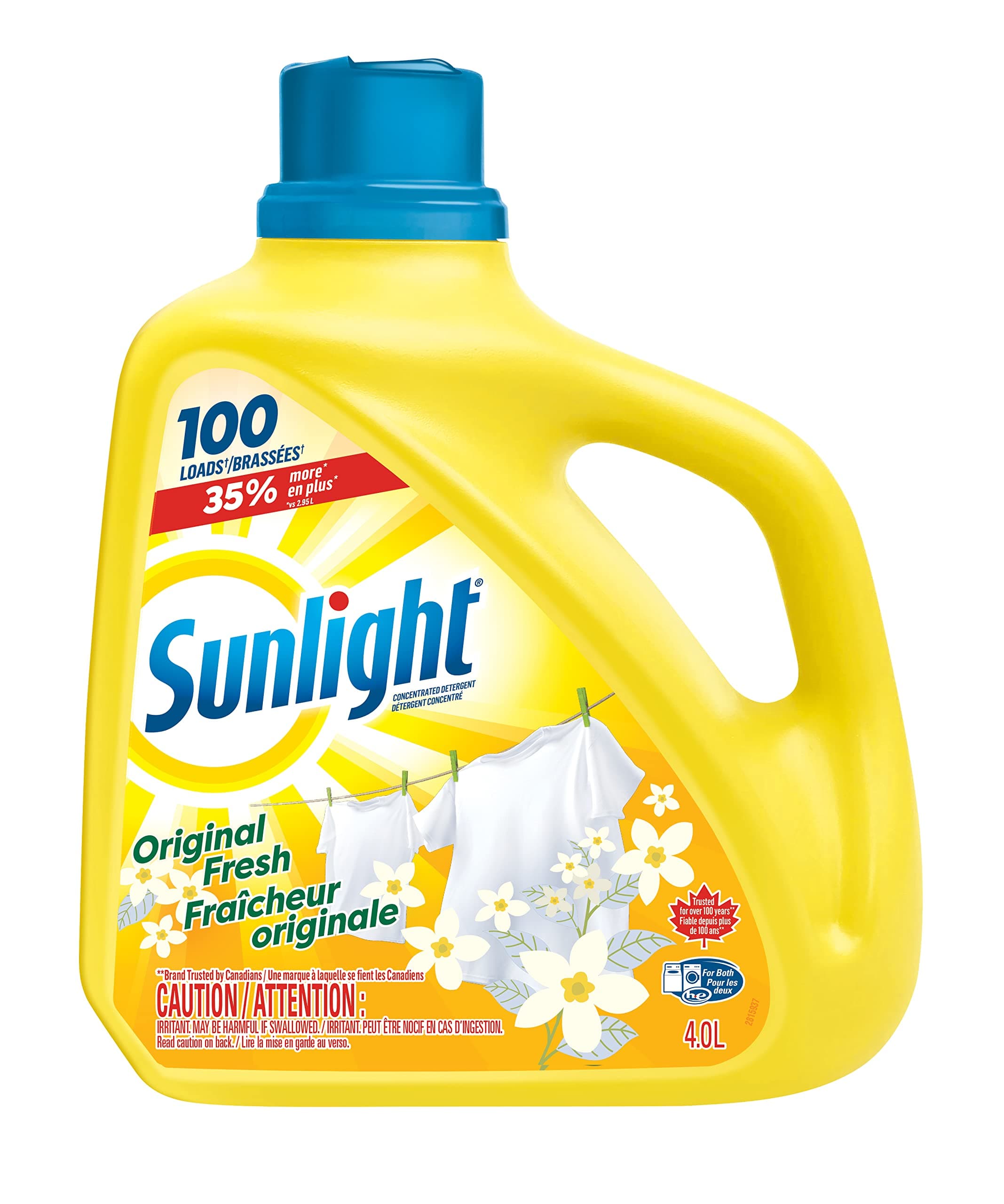 Sunlight Detergent Original Lemon Fresh (100 loads, 4.0L) with Concentrated Formula, Laundry Detergent Liquid for Exceptional Cleaning and Stain Remover to Brighten Laundry, Yellow