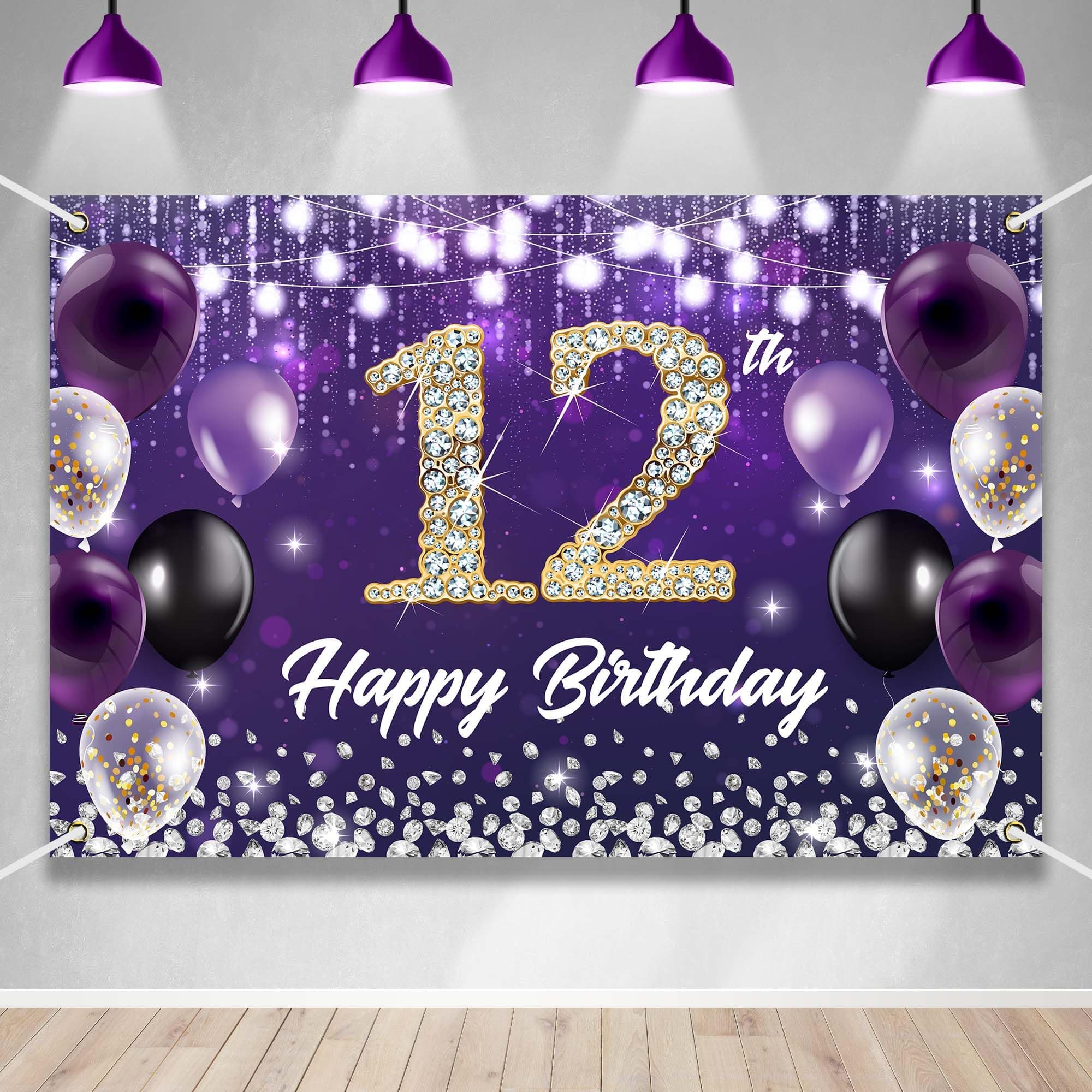 Happy 12th Birthday Backdrop Banner Purple Theme Background with Shiny Diamond Noble Elegant Birthday Party Photo Photography Prop Booth Background for Boys Girls Celebration 70.8x47.2in-BECKTEN