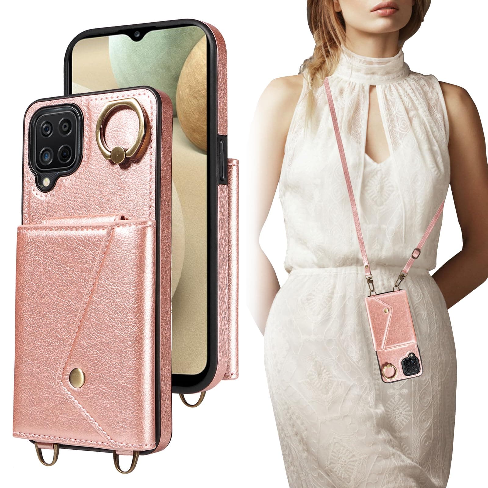 YIRRANZD Crossbody Wallet Case for Samsung Galaxy A12 with Card Holder, Leather Case with Long Shoulder Strap, Purse Shockproof Flip Cover for Samsung A12 4G/5G (Pink)