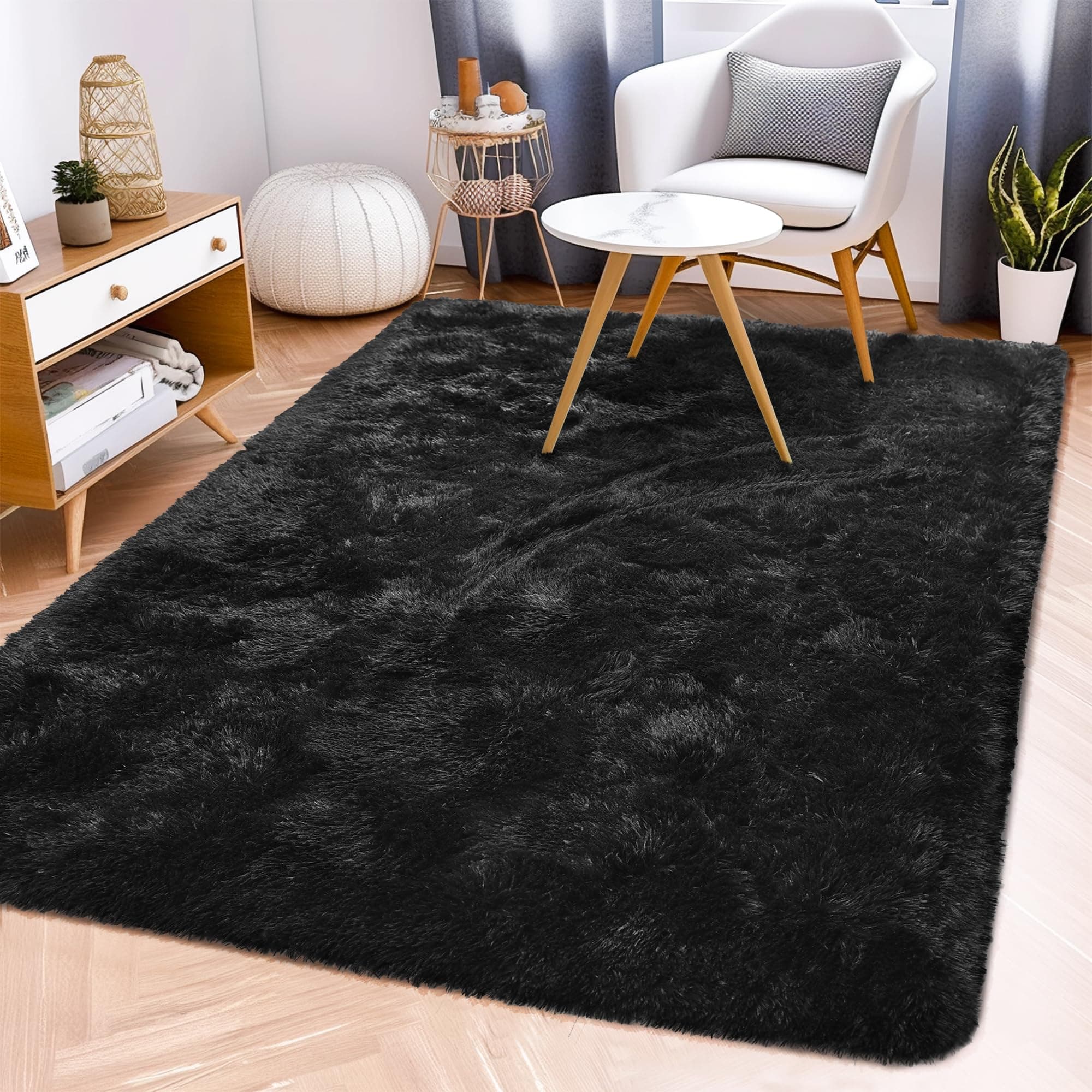 Awaytail Fluffy Rug Lightweight 4x6 Feet, Black Floor Rugs for Bedroor
