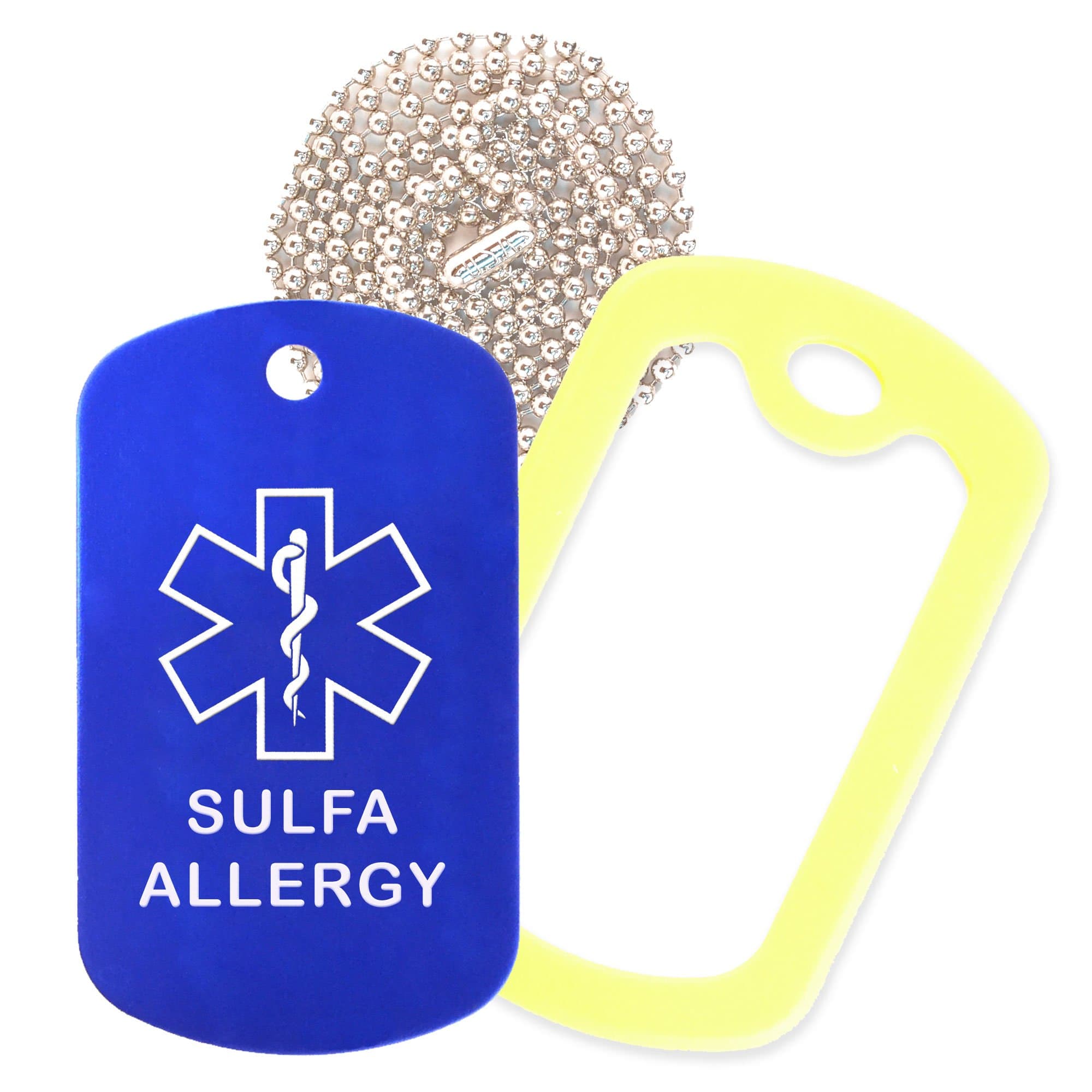 Sulfa Allergy Medical Alert ID Necklace with Blue Tag, Yellow Silencer, and 30'' USA Chain - 154 Color Choices