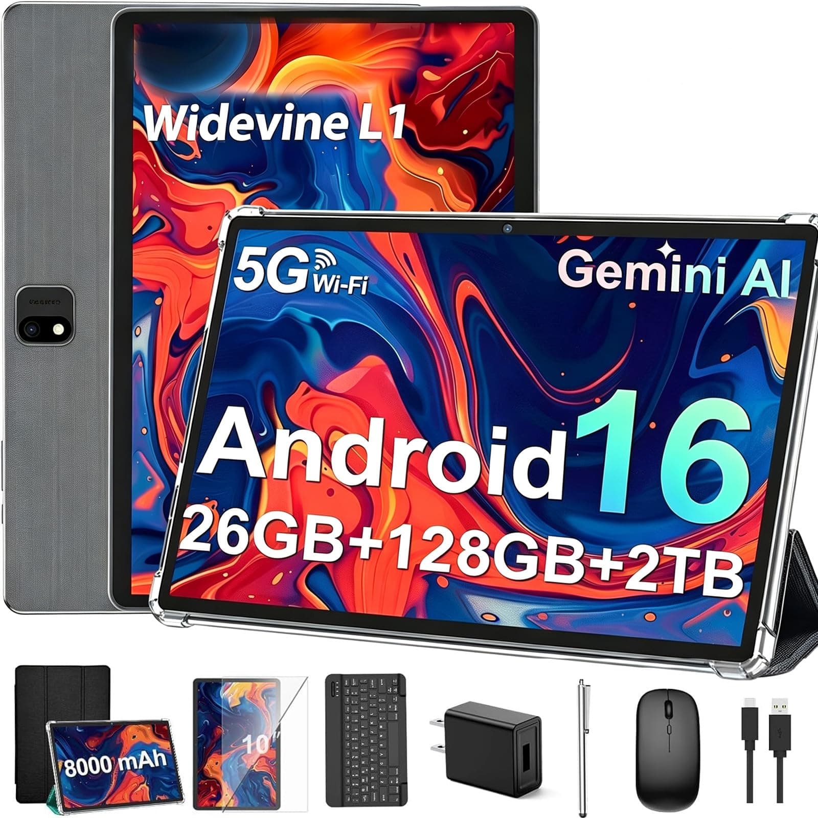 2026 Android 15 Tablet with Keyboard, 26GB+256GB, 2TB Expand, 10 Inch Tablet with Octa-Core, 8000mAh, 5G WiFi, BT5.0, Widevine L1, Gemnini AI, 2-in-1 Tablet PC with Case, Mouse, Stylus(Black Case)