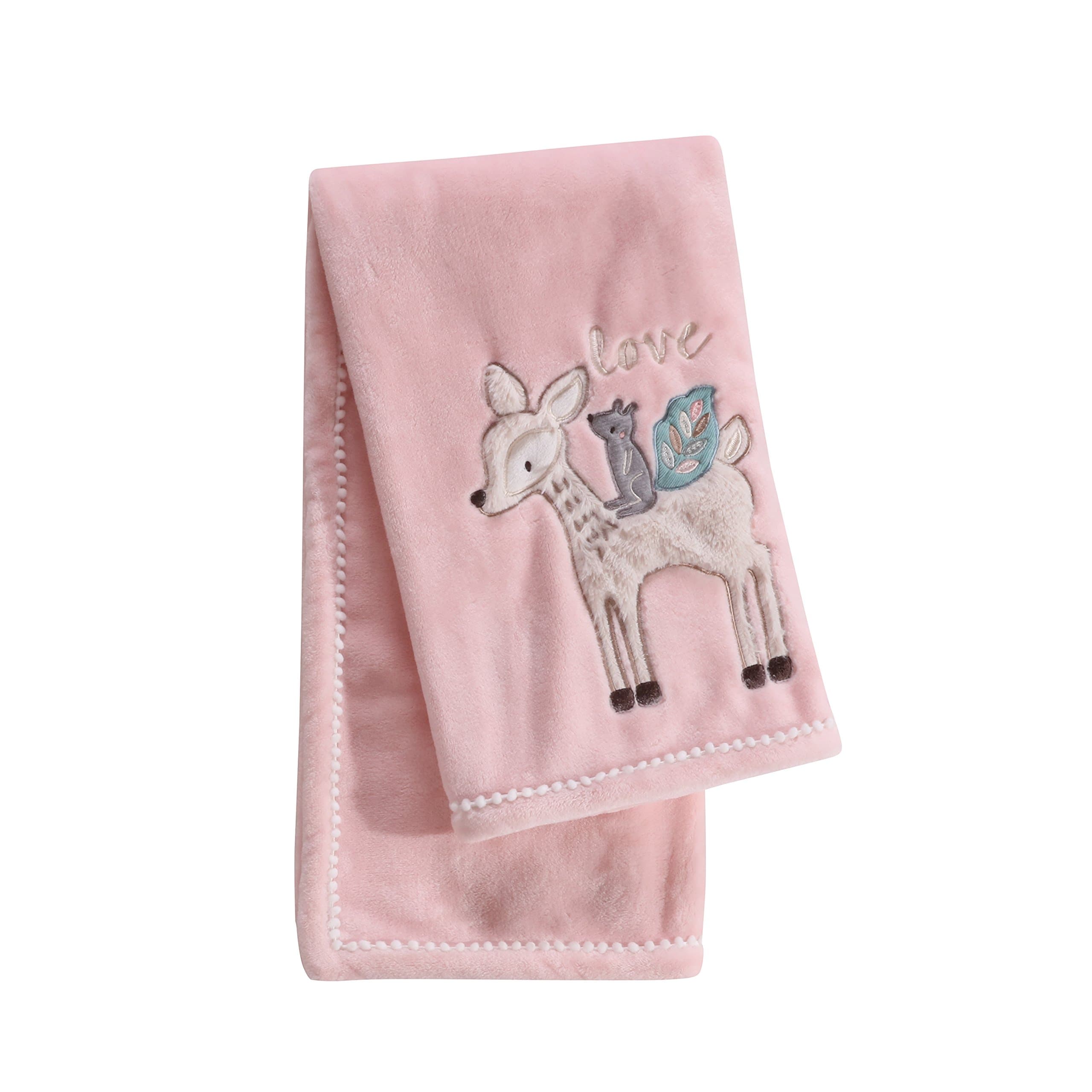Levtex Baby - Everly Plush Blanket - Appliqued and Embroidered Deer and Squirrel on Pink Plush - Love - Nursery Accessories - Blanket Size: 30 x 40 in.