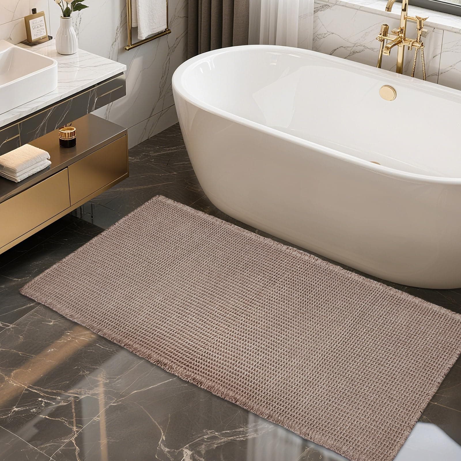 ZALL Tan Waffle Bath Mat,Super Absorbent Non Slip Bathroom Rug,Brown 24x48inch,Machine Washable Ultra Soft Floor Mats