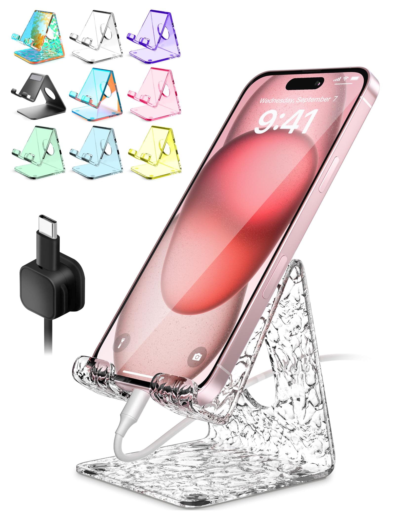 TOPGO Acrylic Cell Phone Stand, Clear Phone Holder for Office Desk, Vanity, Kitchen Counter, Bedside Table, Compatible with iPhone 17 16 15 14 13 12 11 Pro Max Plus/Smartphones/iPad/Switch - Wave