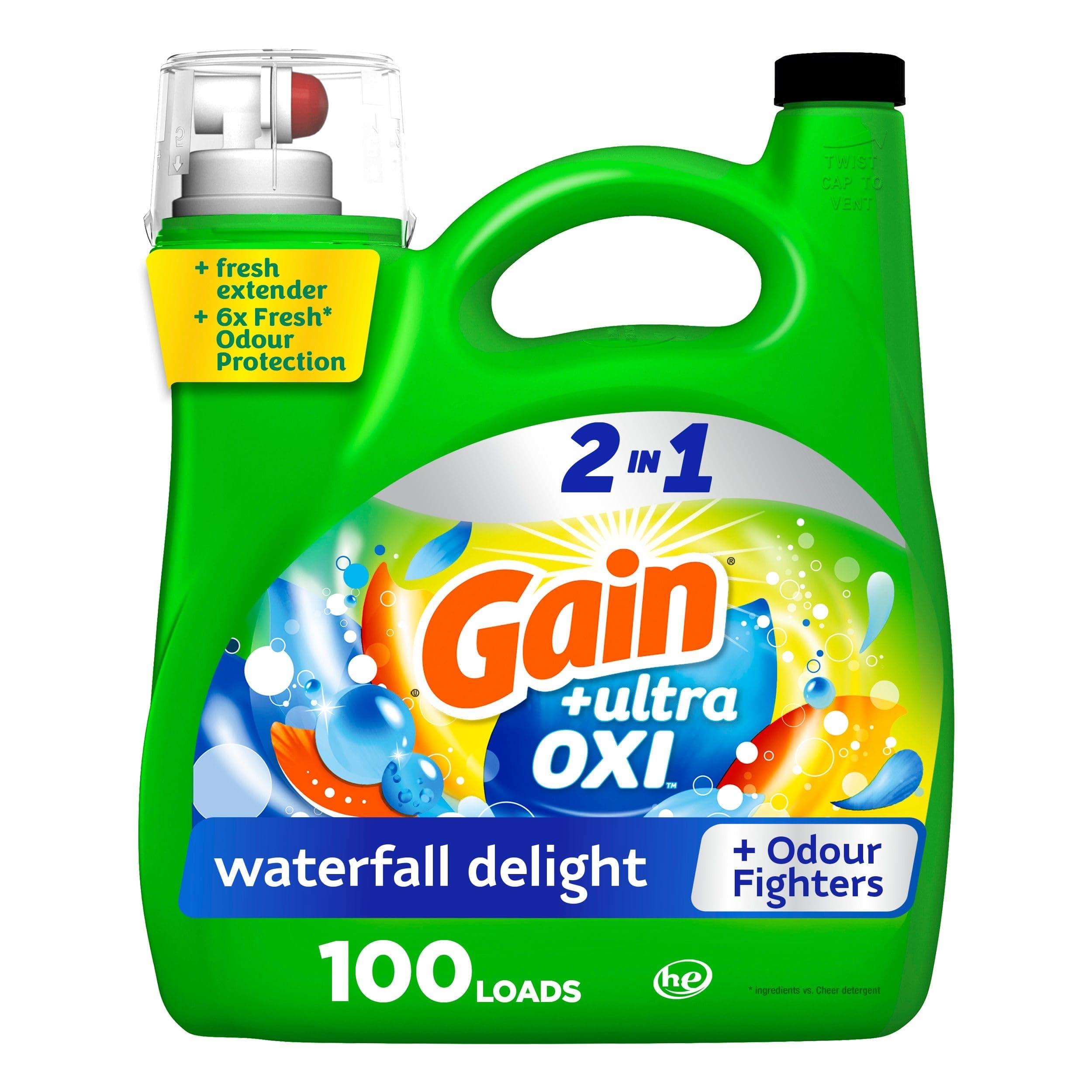 Gain Ultra Oxi Liquid Laundry Detergent, Waterfall Delight Scent, Laundry Detergent Liquid Soap, 100 Loads, 4.25L