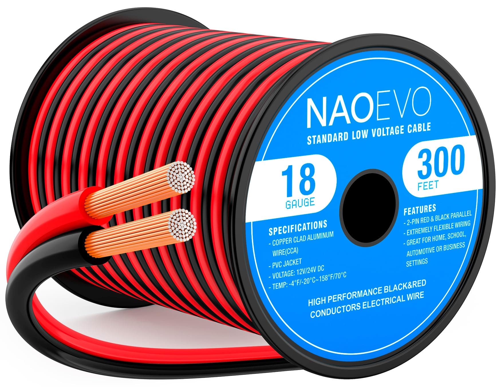 NAOEVO 18 Gauge Wire 2 Conductors, CCA Red Black Electrical Wire, 300FT