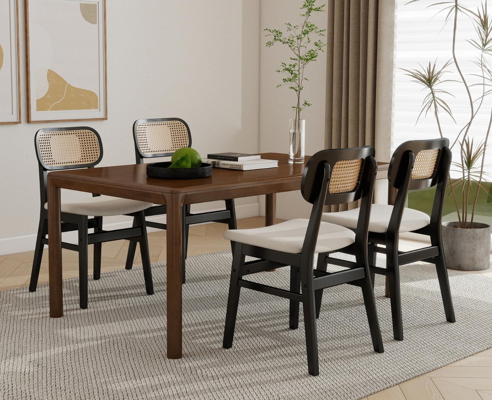 Shunzhi Rattan Dining Chairs Set of 4, Farmhouse Black Wood Dining Room Chairs with Cane Back, Upholstered Modern Linen Kitchen Chairs, Boho Side Chair for Restaurant, Beige