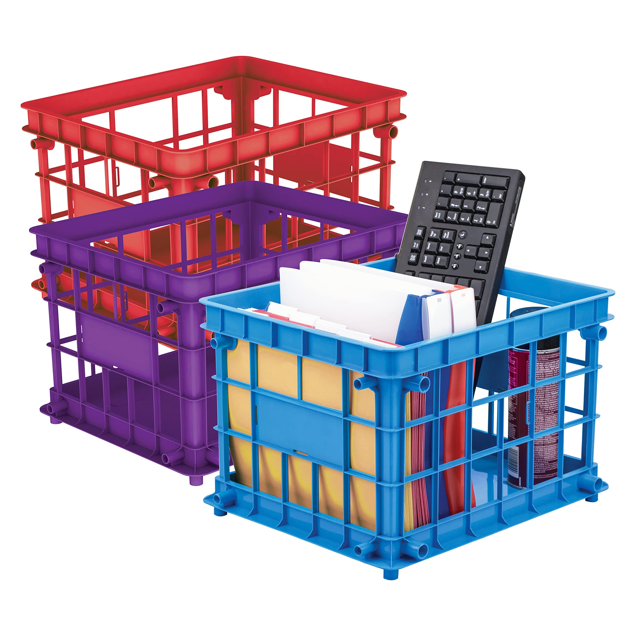 Storex Standard Letter/Legal File Crate, Plastic Crate Hold up to 3500 Sheets, Assorted Colors, 17.25 x 11.2 x 14.25 Inches, 3-Pack (61473A03T)