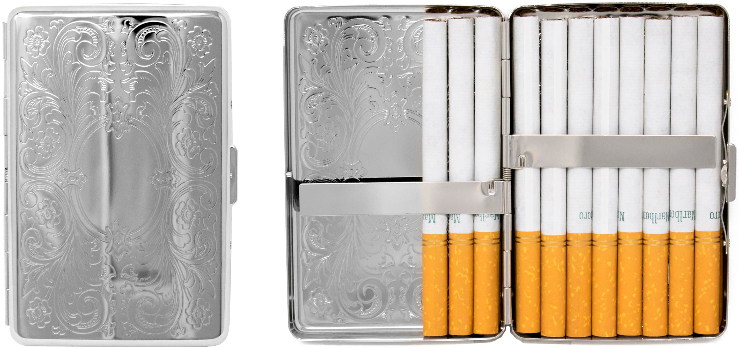 Silver Vintage Victorian Scroll Compact (16 100s) Metal-Plated Cigarette Case & Stash Box