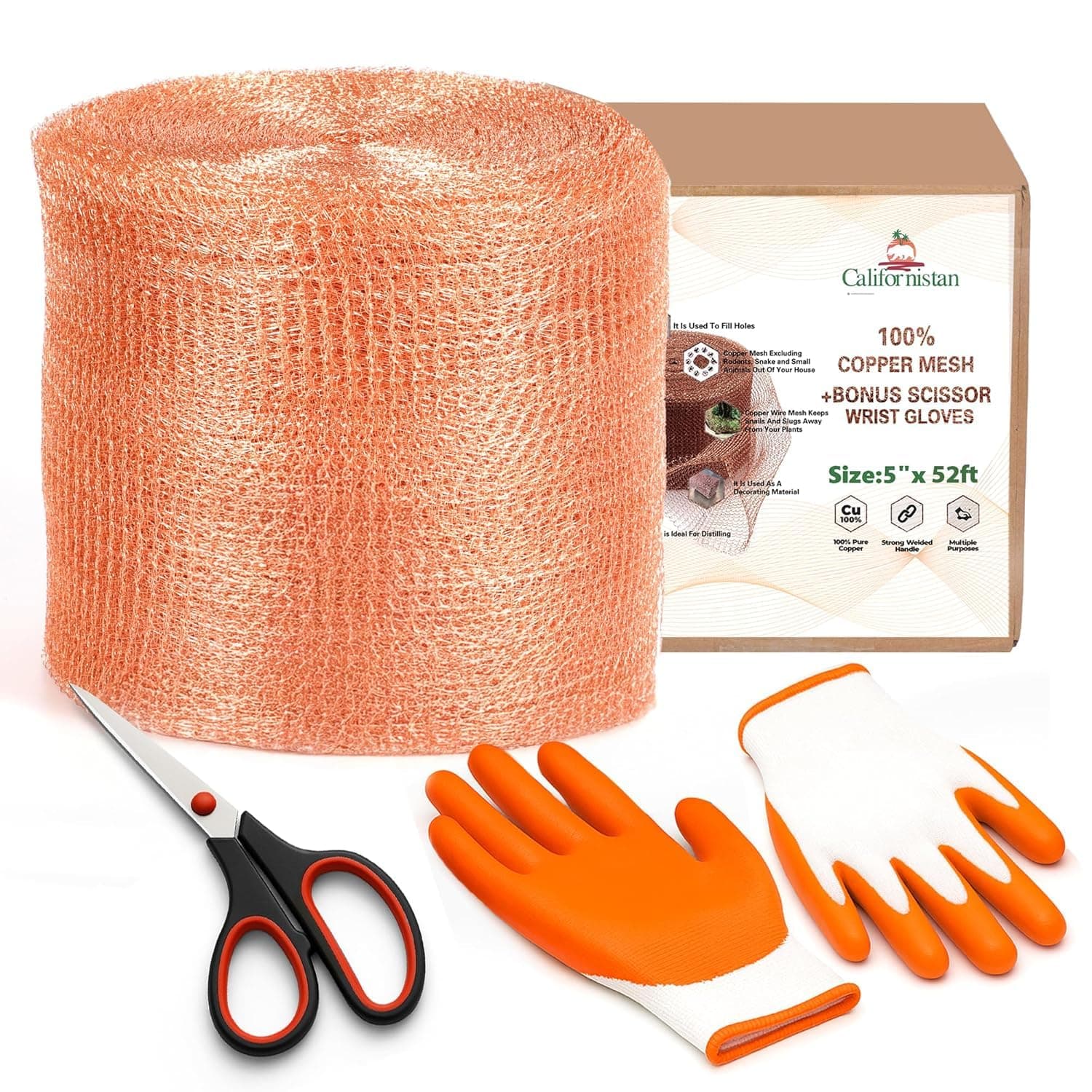 Copper Mesh Roll for Rodent Control, 5 in x 52 ft, Scissors and Gloves