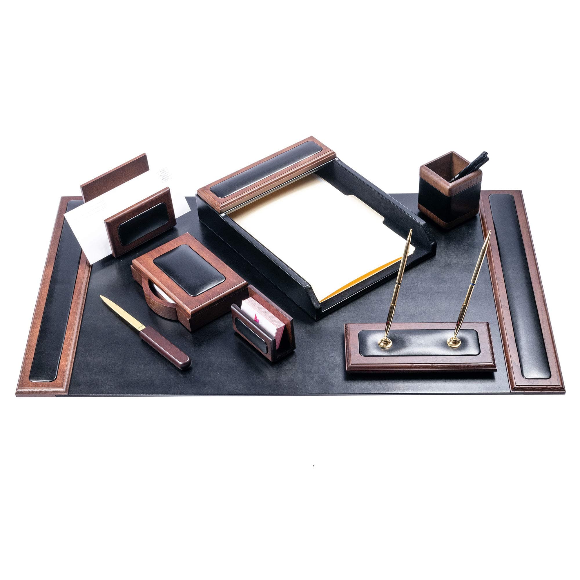 DACASSO Wood & Leather Desk Set - Luxury Leather Desk Pad & Desk Organization Essentials - Office Organization & Executive Desk Decor - (Walnut and Black, 8 Piece)