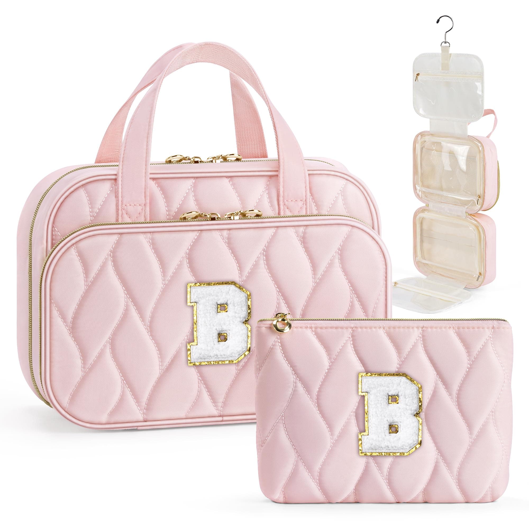 YOOLIFE Personalized Birthday Gifts for Women Teen Girls - Hanging Toiletry Bag Makeup Bag for Women Girls, Initial Toiletry Bag Makeup Bag, Letter B, Pink