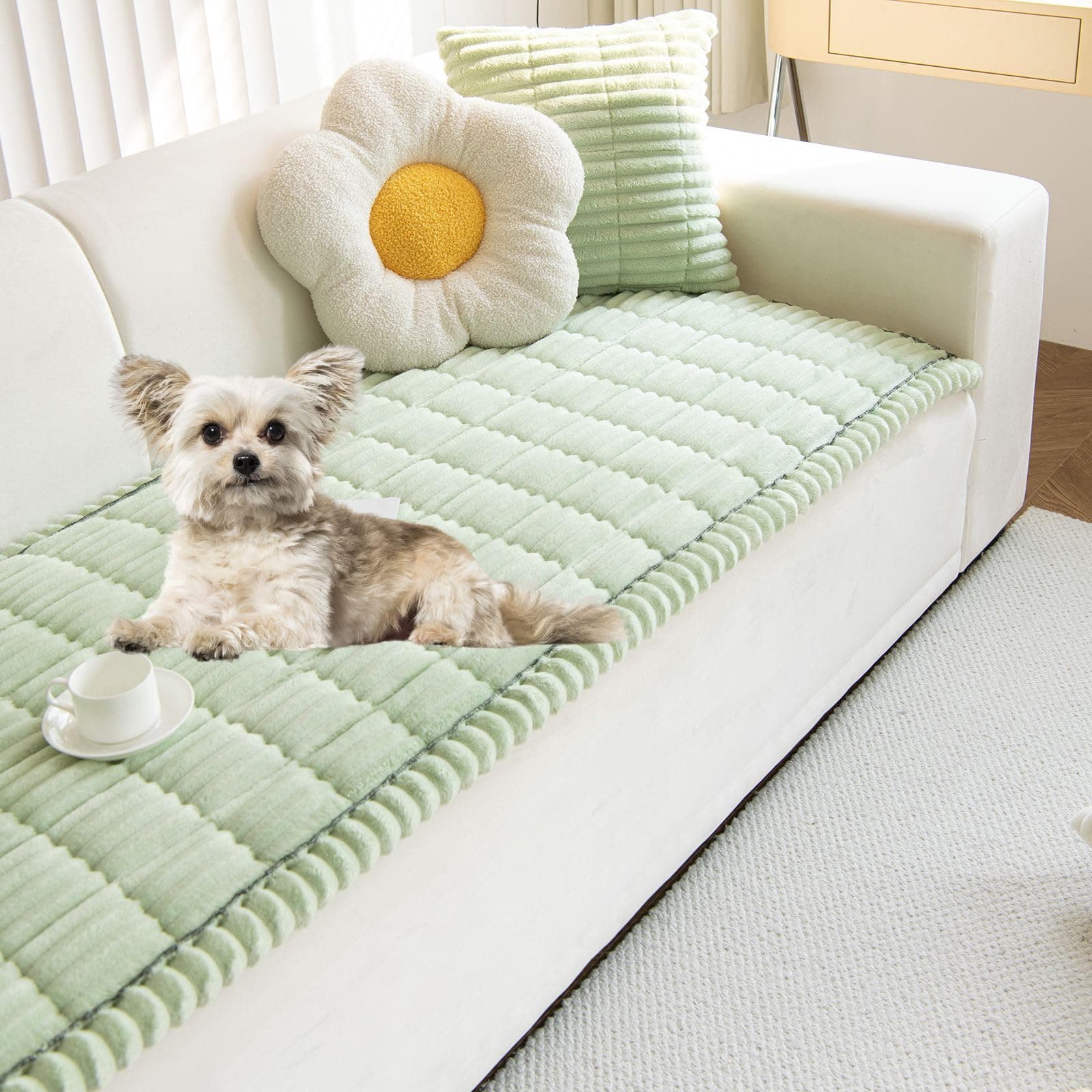 XSlive Faux Fur Plush Dog Couch Cover 3D Stripe Fuzzy Sofa Cover Non-Slip Fluffy Dog Bed Cover Pet Blanket Sofa Couch Furniture Protector for Puppy Large Dog Cat (Green,35"x82")
