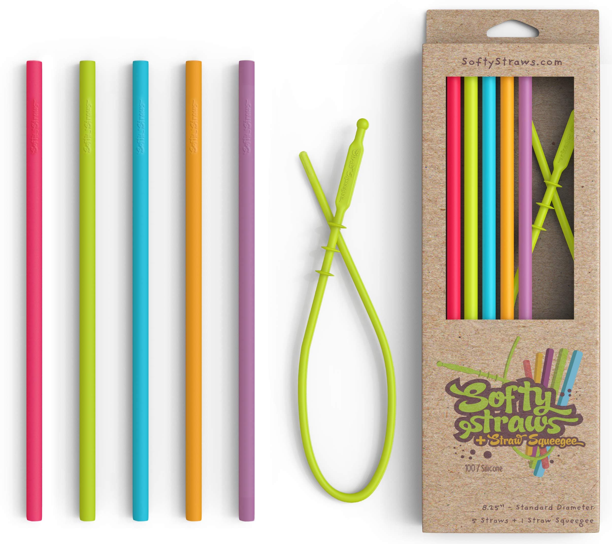 Softy Straws Outil De Nettoyage De L’Embouchure Réutilisables Food Grade Silicone Boire Pailles (Skinny Straight Style Pack 5) + Paille