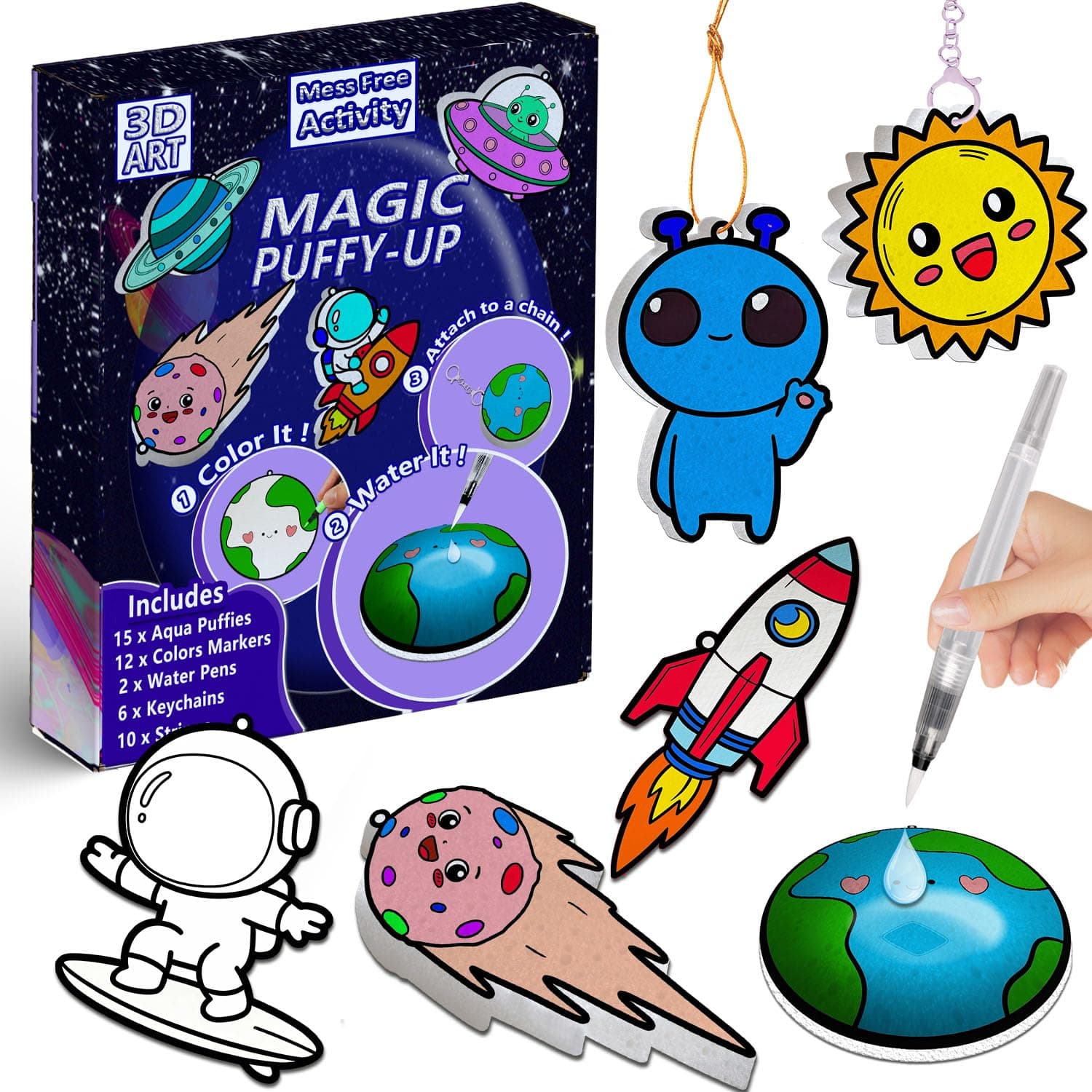 3D Art Kit for Kids- Aqua Puffs Animals, Magic 3D Art with 15 Paint by Number Craft for Kids,easter basket stuffers， DIY Color & Inflate Activity,Travel & Birthday Gift for Girls & Boys Ages 4, 5, 6, 7, 8, 9, 10 (Space-3D)