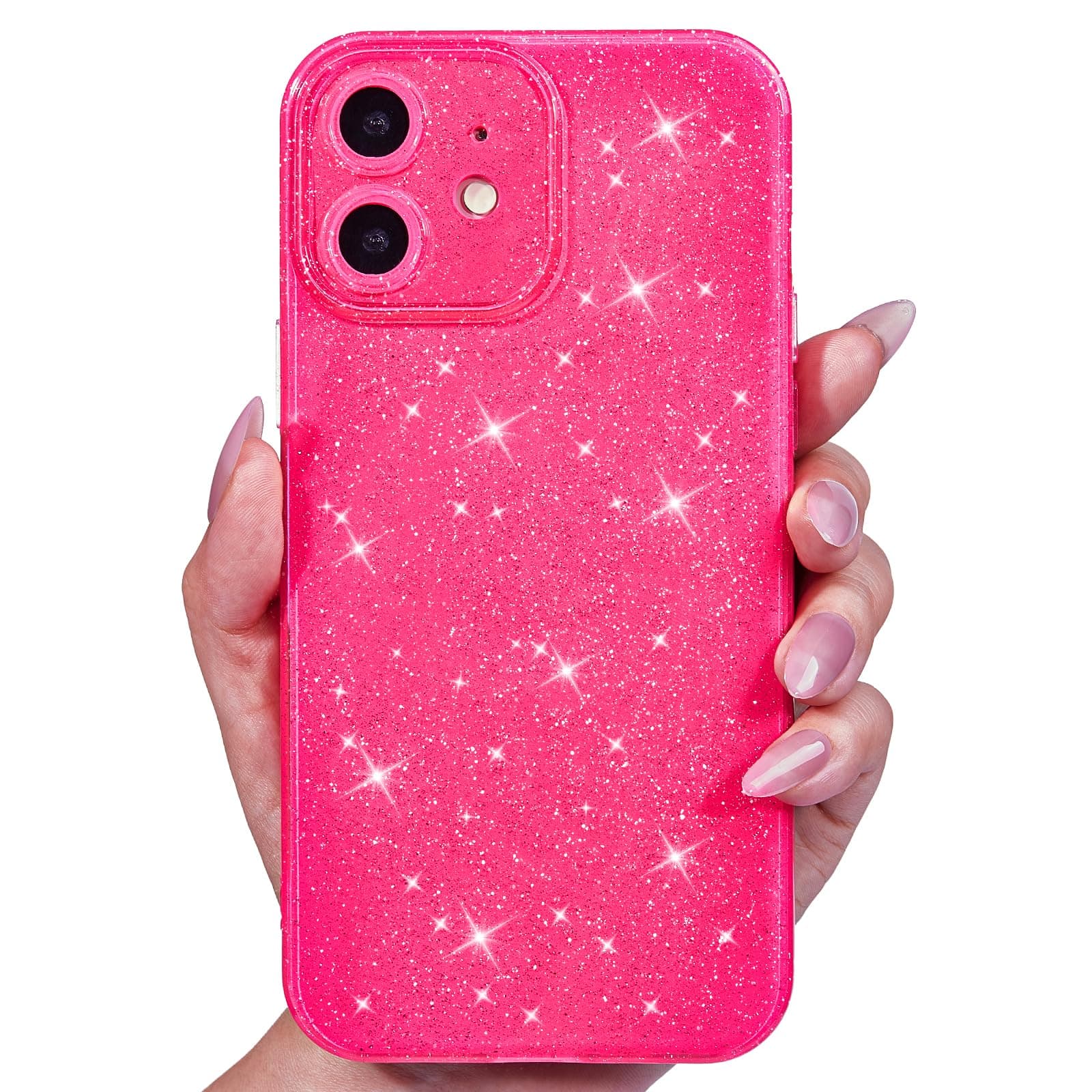 Svanove for iPhone 12 Mini Case Glitter, Cute Sparkly Bling Glittery Silicone Phone Case, Shiny Sparkle Girly Design, Bright Trendy Aesthetic Slim Thin Hard Camera Cover for Women, Neon Hot Pink