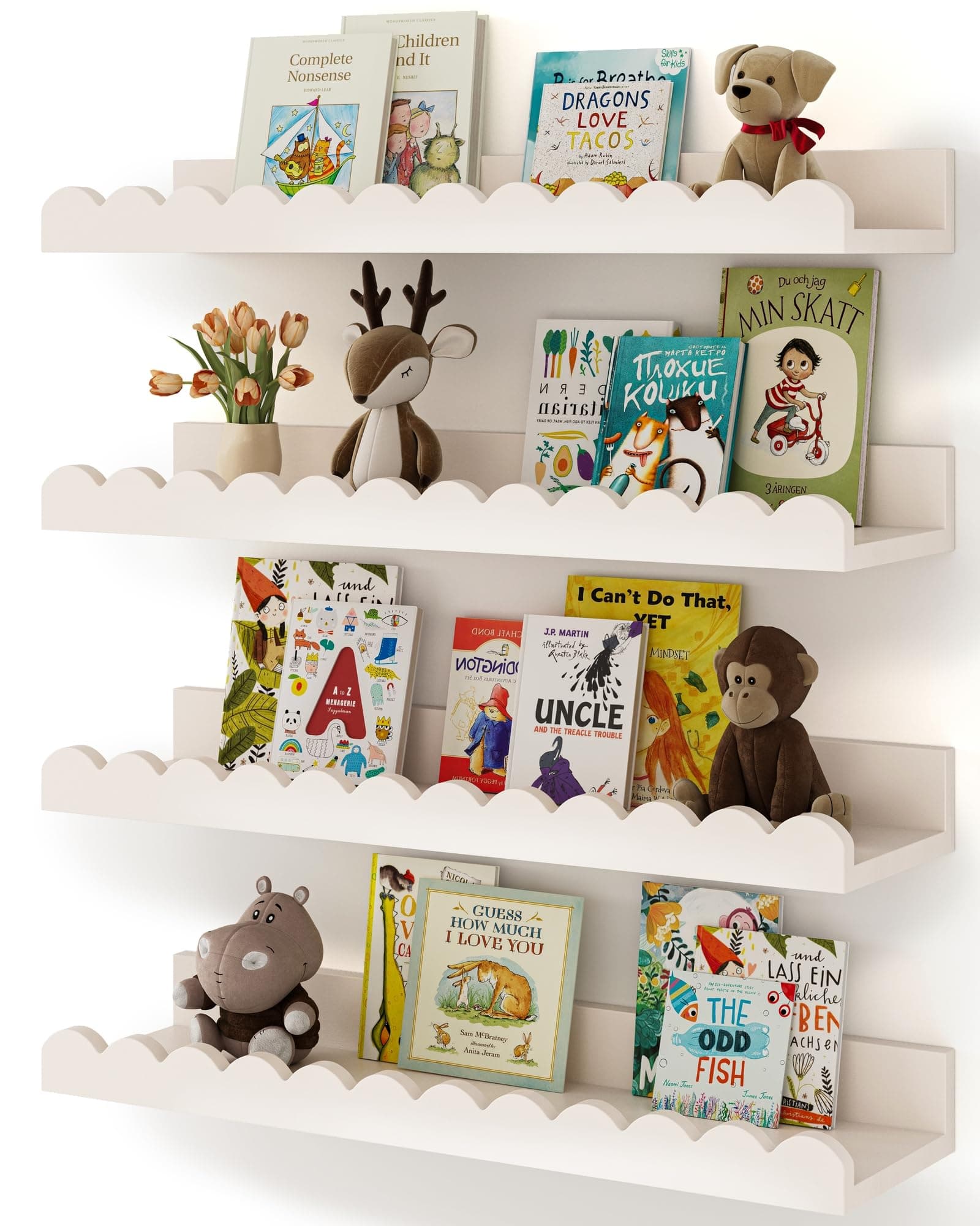 Paquete de 4 estantes flotantes Blancos para Pared, Estante de Libros de guardería, diseño Festoneado, Dormitorio de niños, habitación Infantil, decoración de habitación de bebé