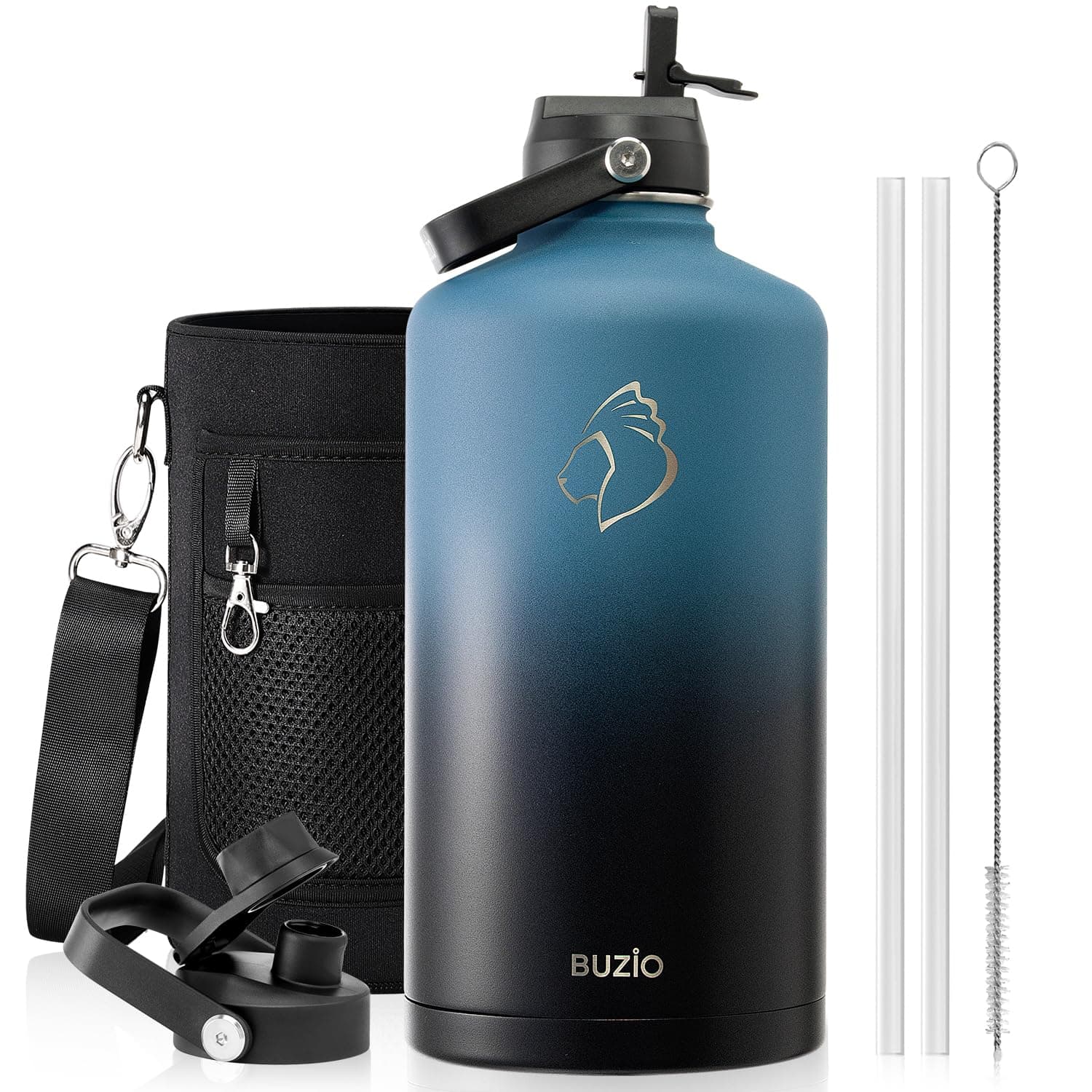 BUZIO 1 Gallon Water Bottle Insulated with Dust-Proof Straw & Spout Lids