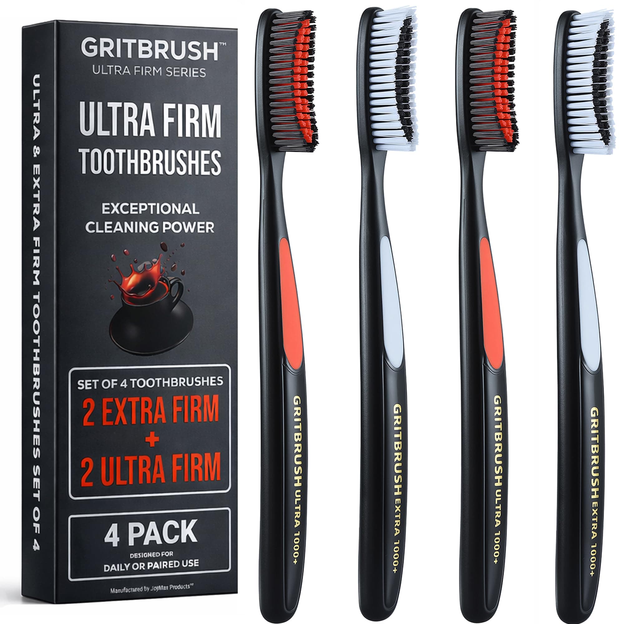 JoyMax Products Ultra Firm Toothbrushes for Adults – Extra Hard Bristles, Deep Cleaning Manual Toothbrush Set of 4