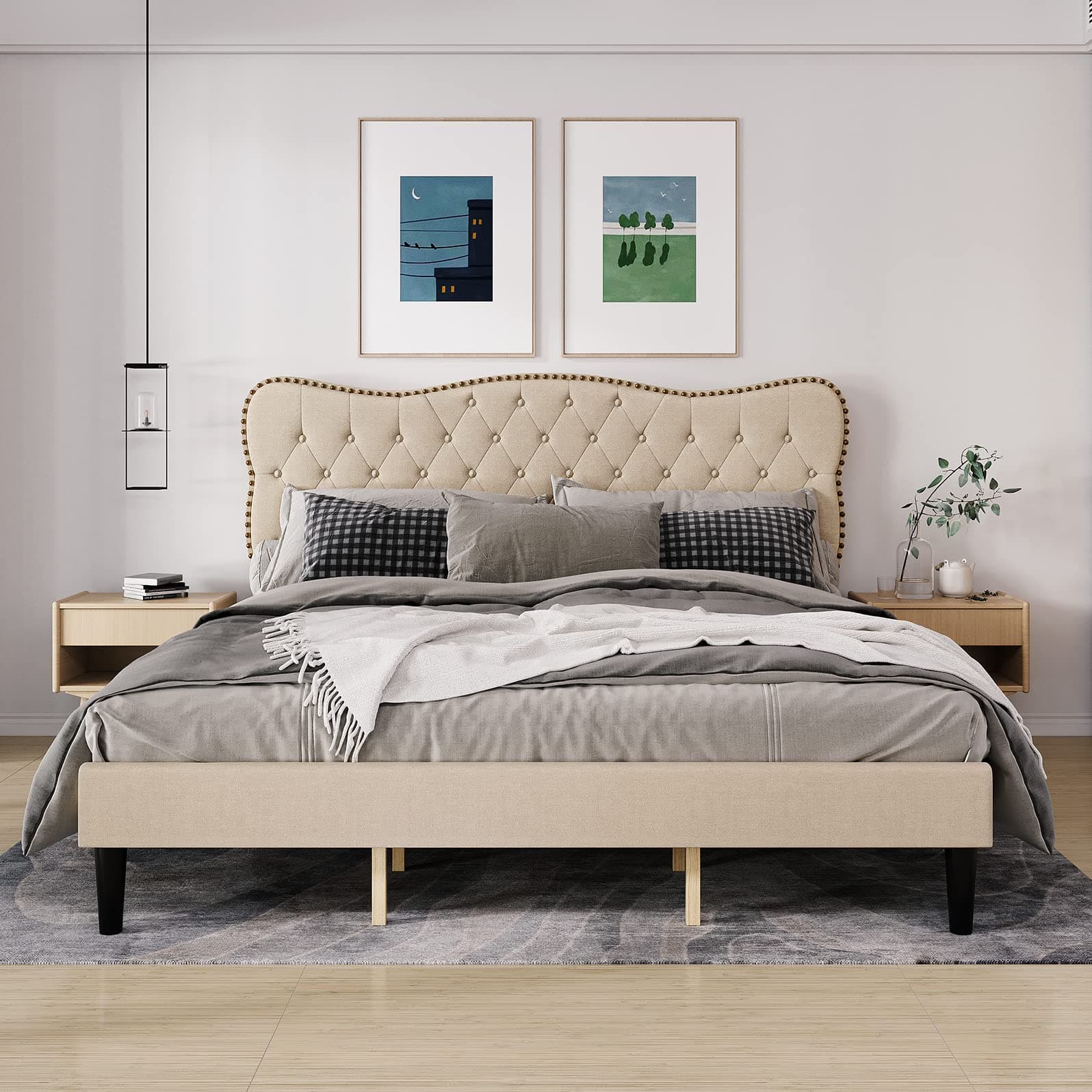 Assile Queen Size Linen Platform Bed Frame with Wooden Slats and Heavy Duty Mattress Foundation, Noise Free Design and Upholstered Adjustable Headboard in Beige