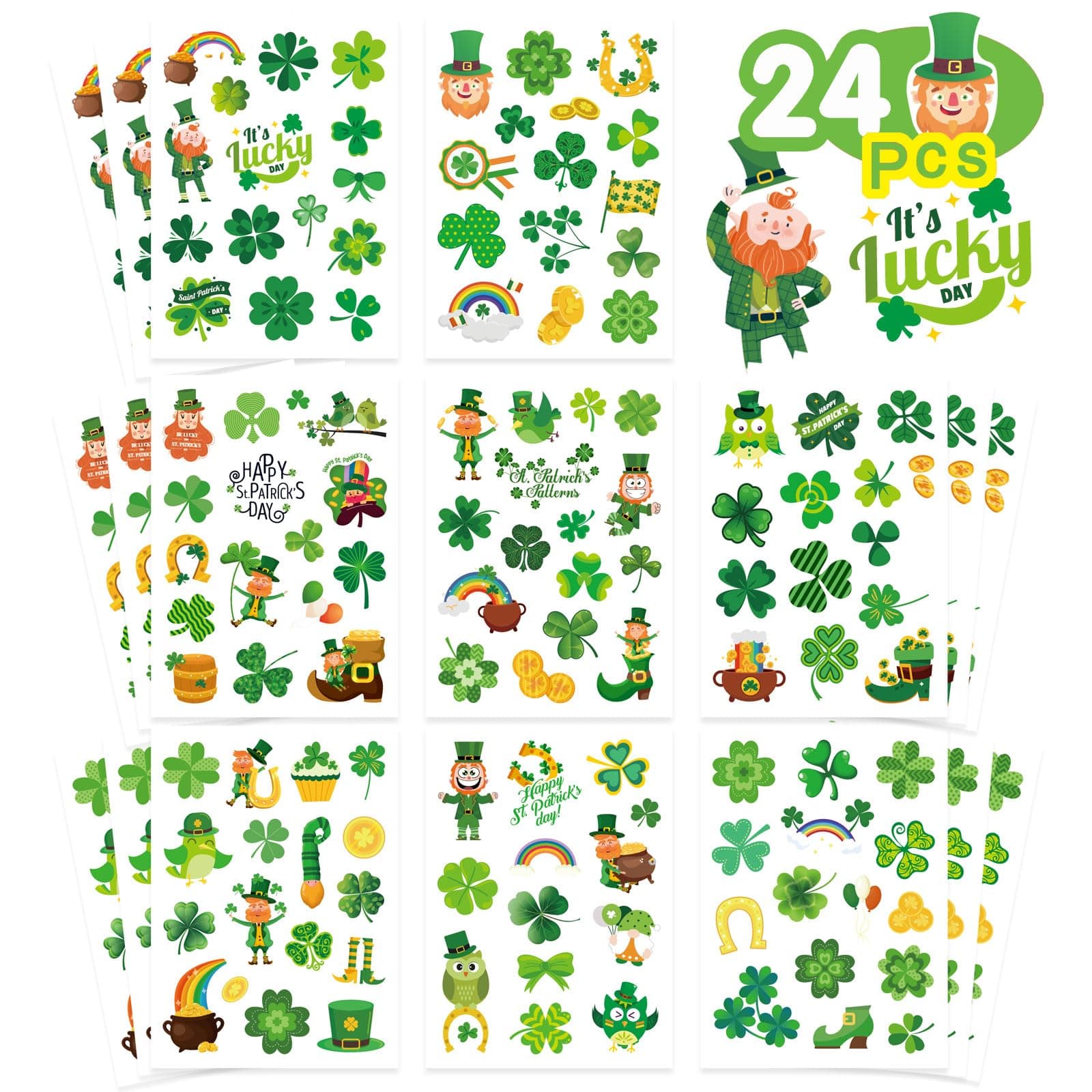 24 Sheets St. Patrick's Day Stickers Four Leaf Clover Stickers Lucky Shamrock Clover Irish Decor Green Day Stickers for Teens Girls Kids Adults