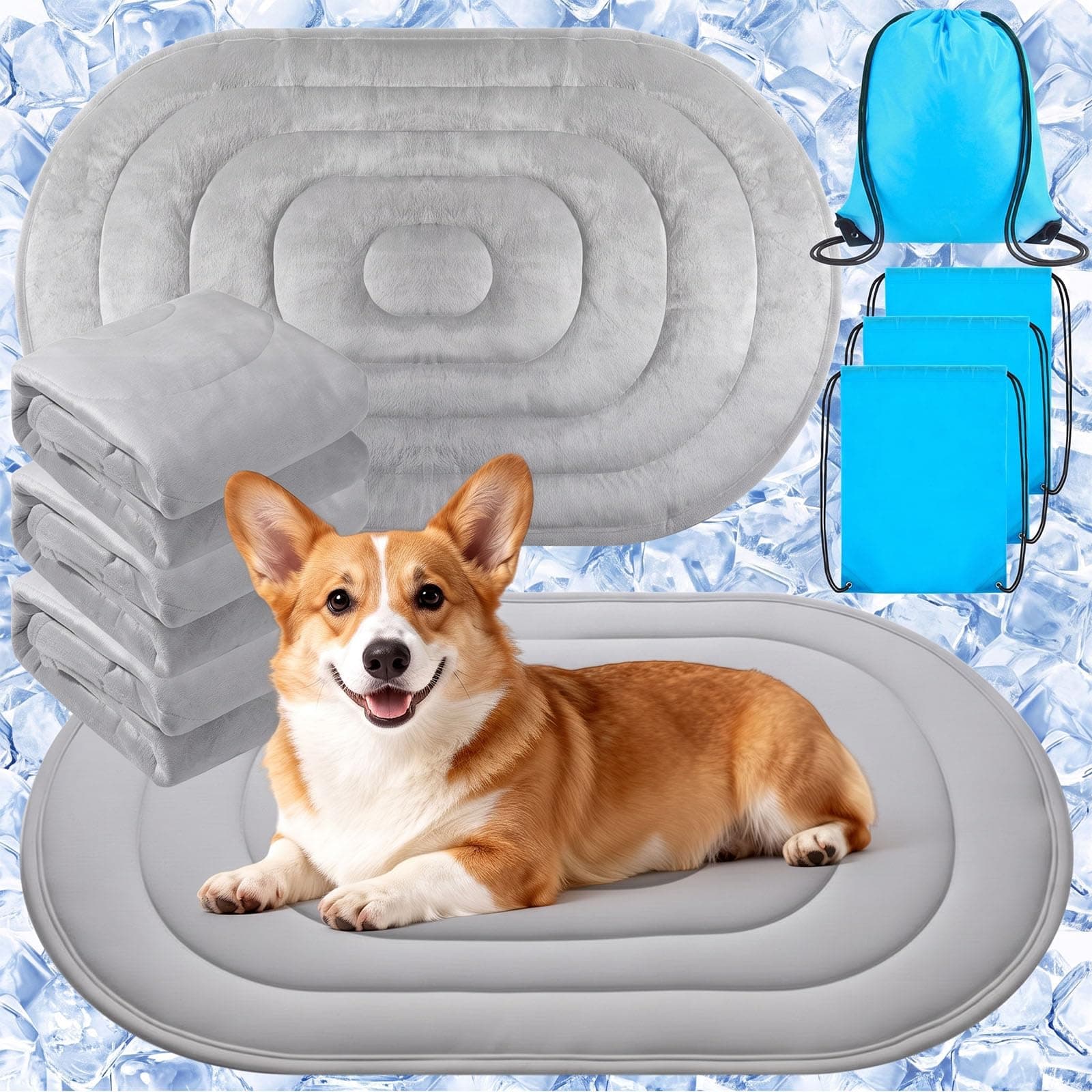Fiwochic 4 Pack 35" x 19" Cooling Mats for Pet Dog with Storage Bags - Reversible Ice Silk & Velvet Pad Washable Summer Comfort for Crate, Bed, Sofa, Car, and Outdoor Use